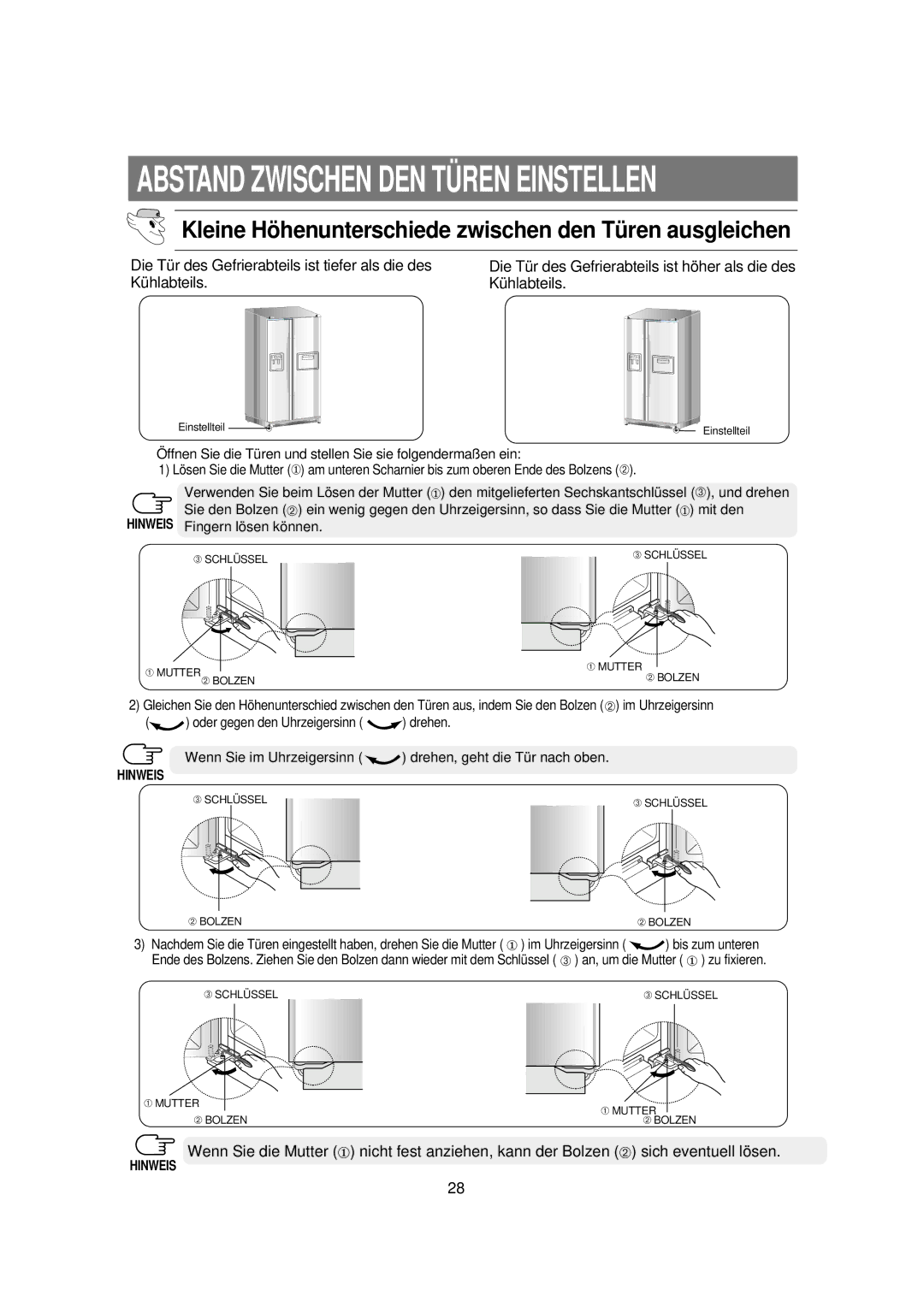 Samsung RS21KPSM1/XEG Abstand Zwischen DEN TÜ REN Einstellen, Kleine Hö henunterschiede zwischen den Tü ren ausgleichen 