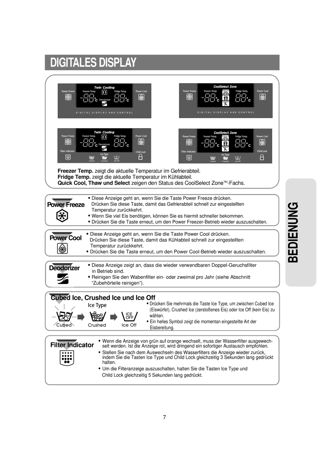 Samsung RS21DPSM1/SWS, RS21KPSM1/XEG, RS21FPSM1/XEN, RS21DASM1/XEG manual Digitales Display, Power Cool 