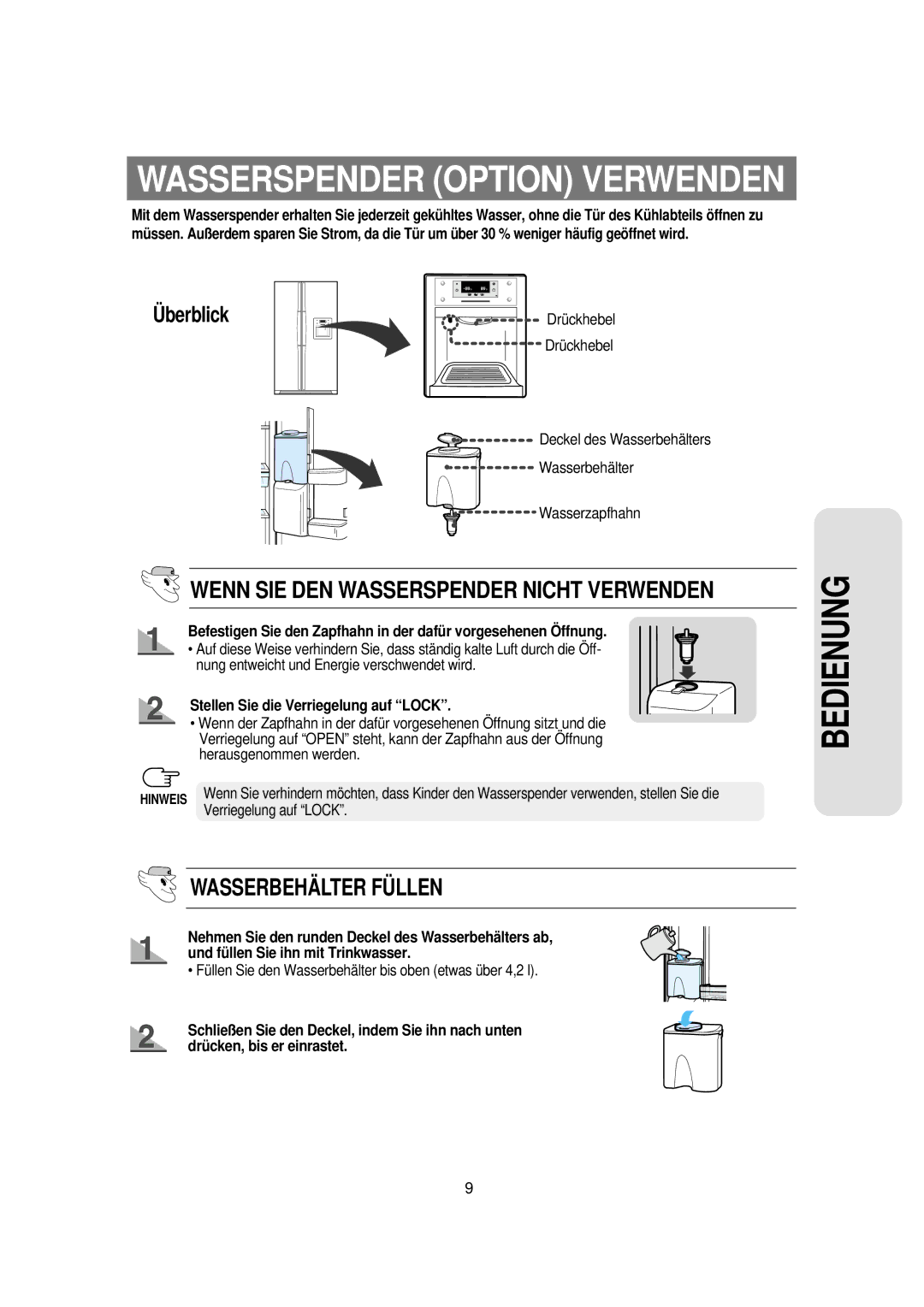 Samsung RS21FPSM1/XEN, RS21KPSM1/XEG, RS21DASM1/XEG, RS21DPSM1/SWS manual Wasserspender Option Verwenden 