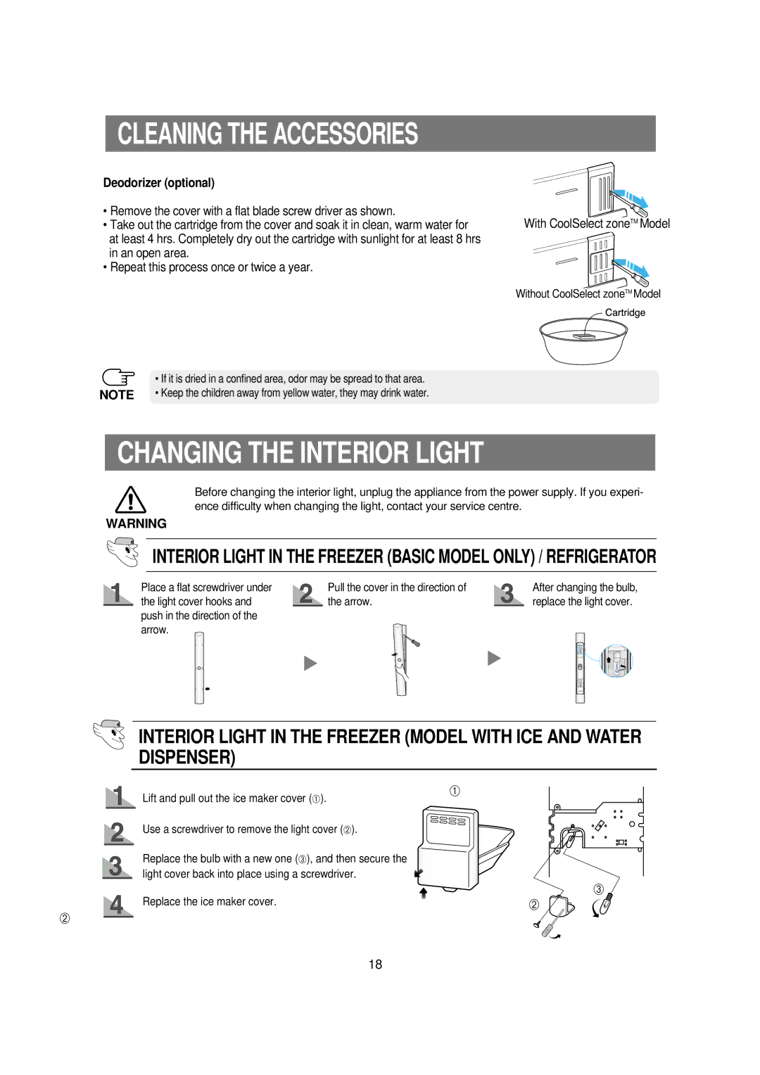 Samsung RS21WCSW1/XES, RS21NCSW1/XES, RS21NGRS1/XES, RS21KLBL1/JUM manual Changing the Interior Light, Deodorizer optional 