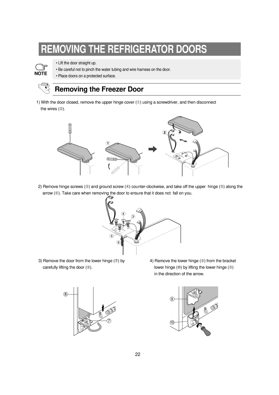 Samsung RS21NLMR1/ZAM, RS21NCSW1/XES, RS21NGRS1/XES manual Removing the Refrigerator Doors, Removing the Freezer Door 