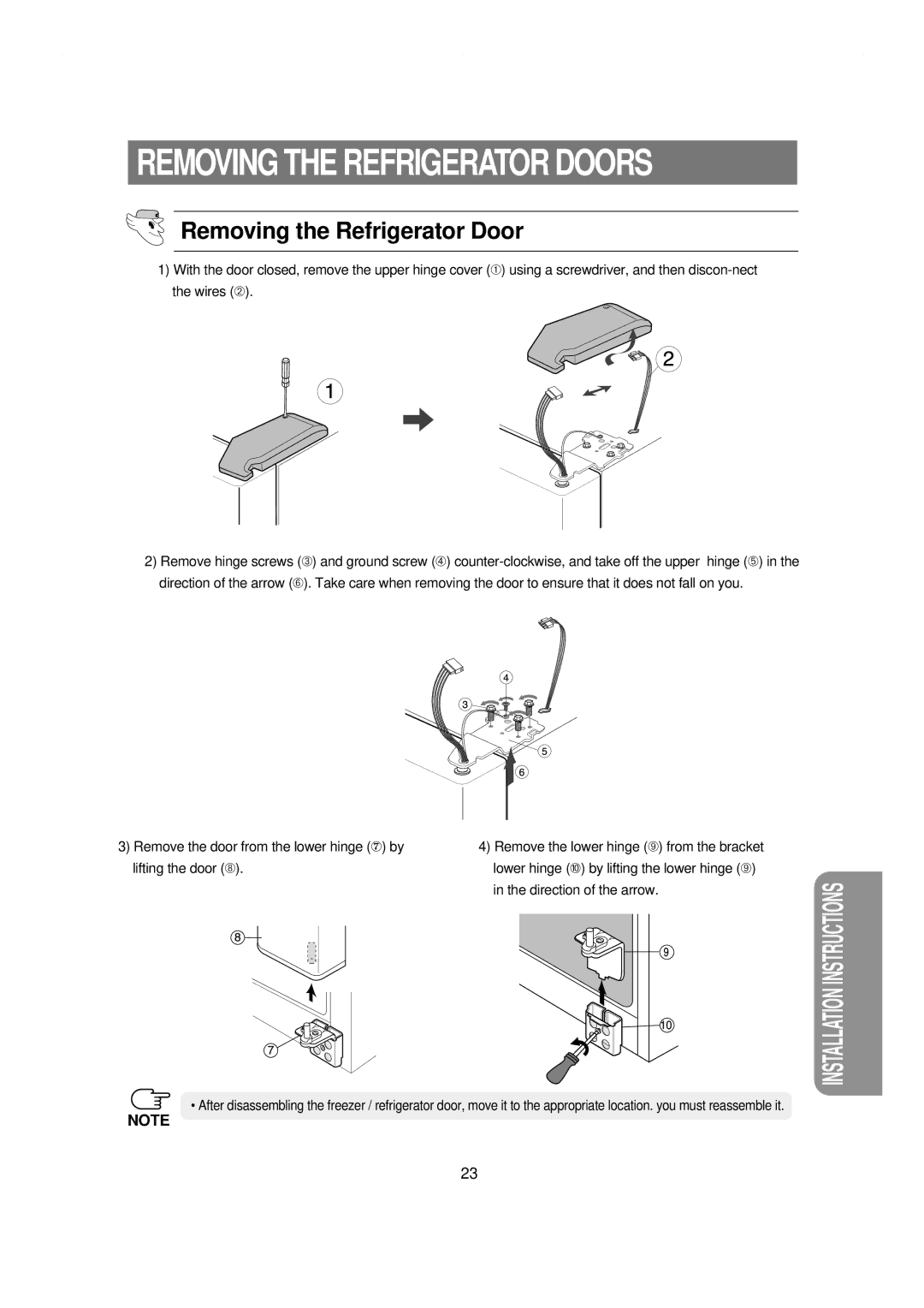 Samsung RS21KLSG1/JUM, RS21NCSW1/XES, RS21NGRS1/XES, RS21WCSW1/XES, RS21KLBL1/JUM manual Removing the Refrigerator Door 