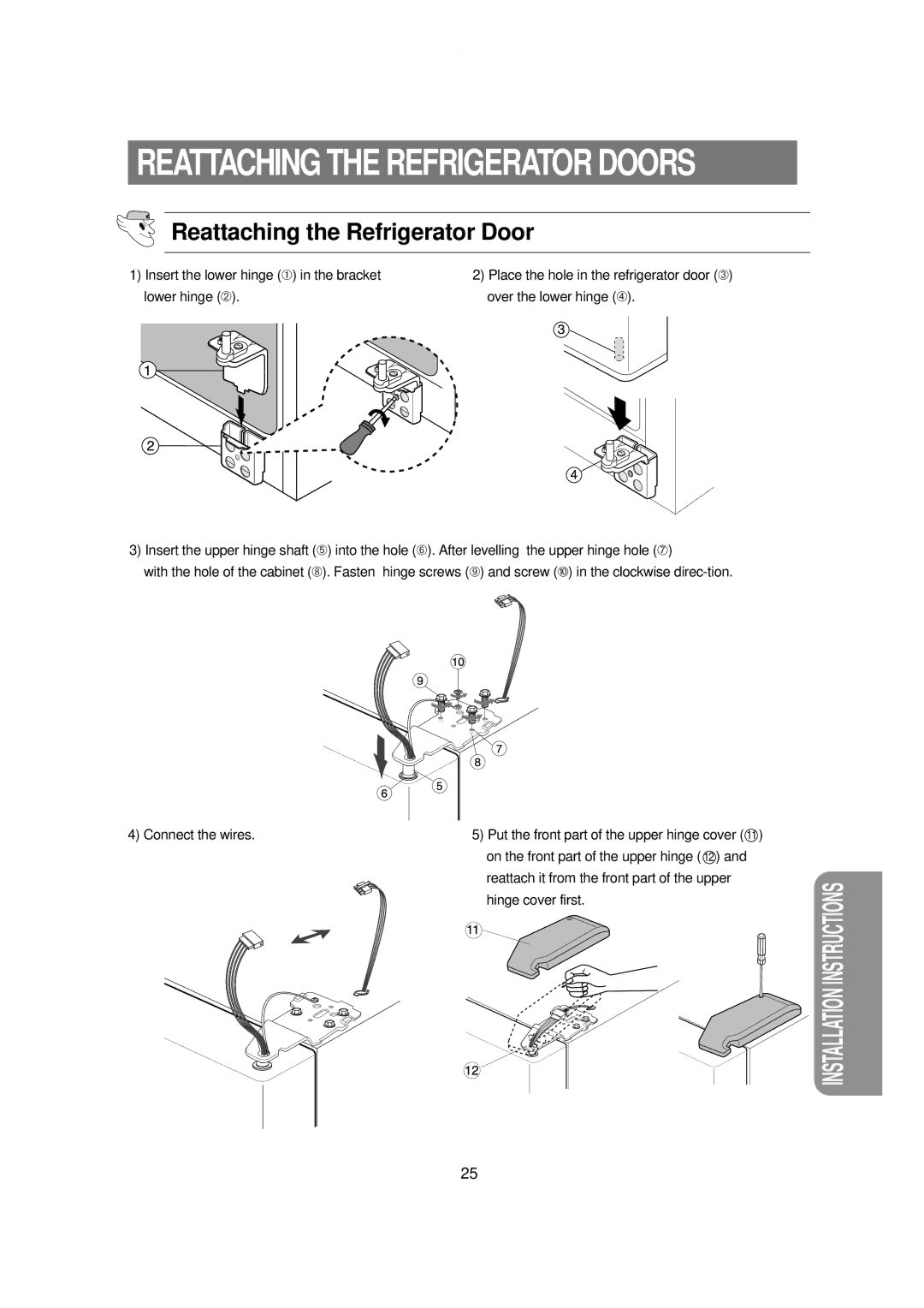 Samsung RS21NGRS1/XES, RS21NCSW1/XES, RS21WCSW1/XES, RS21KLBL1/JUM, RS21NGRS1/XTW manual Reattaching the Refrigerator Door 