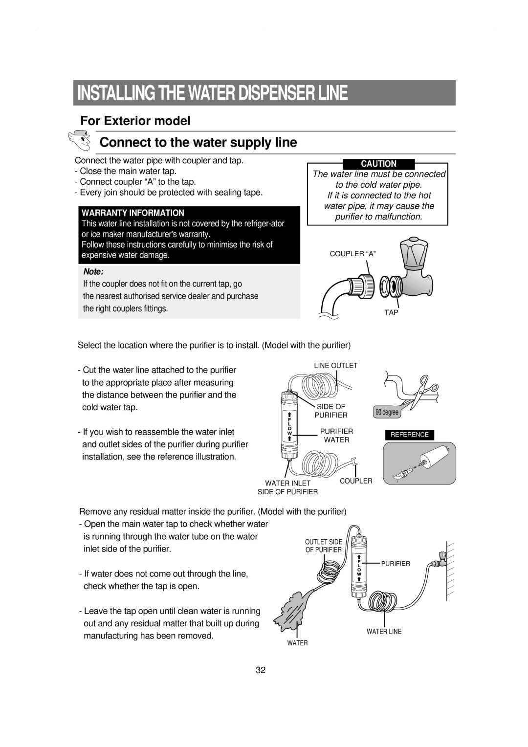 Samsung RS21NCSW1/XES, RS21NGRS1/XES, RS21WCSW1/XES, RS21KLBL1/JUM Connect to the water supply line, Warranty Information 