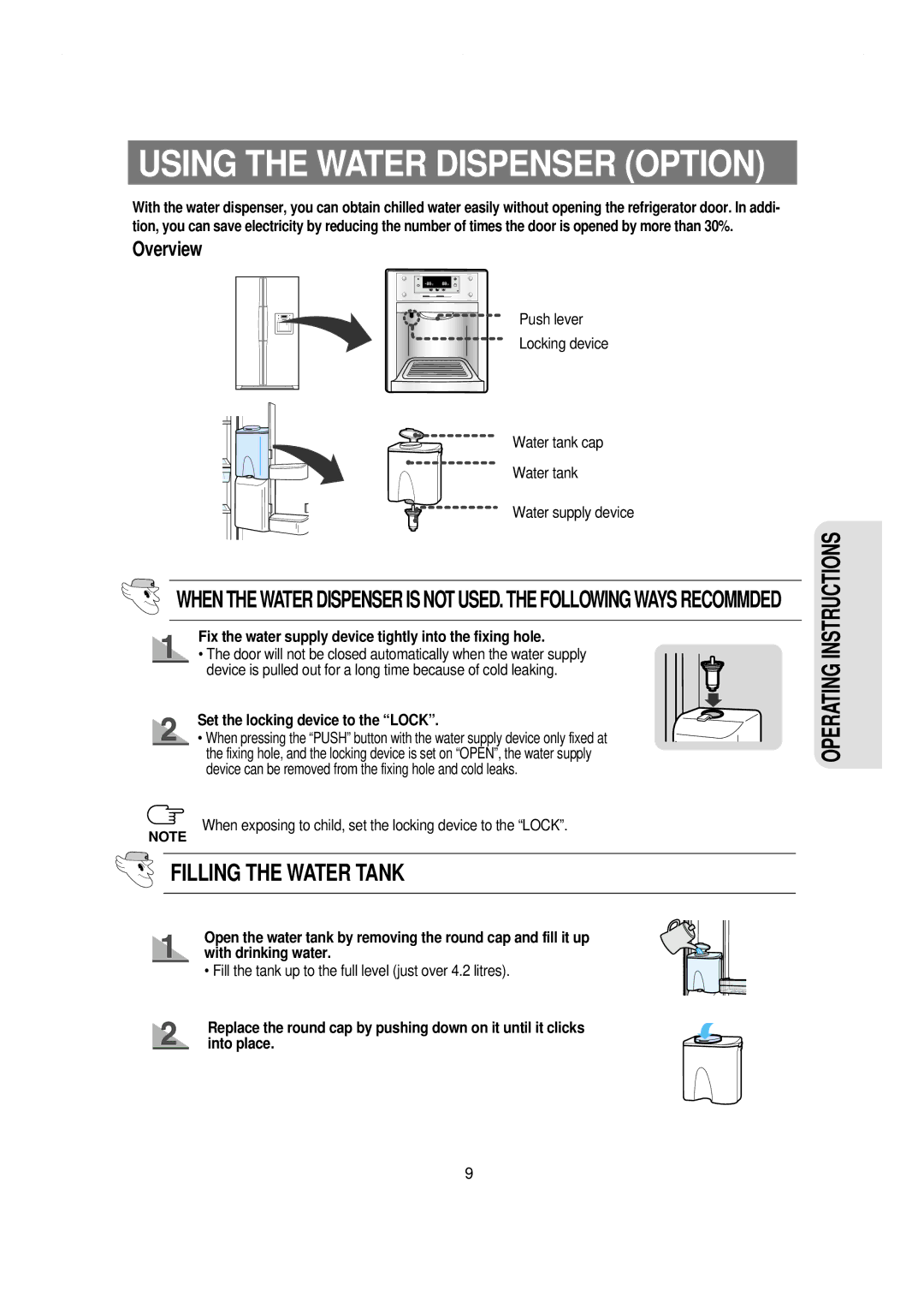 Samsung RS21NGRS1/XES manual Fix the water supply device tightly into the fixing hole, Set the locking device to the Lock 