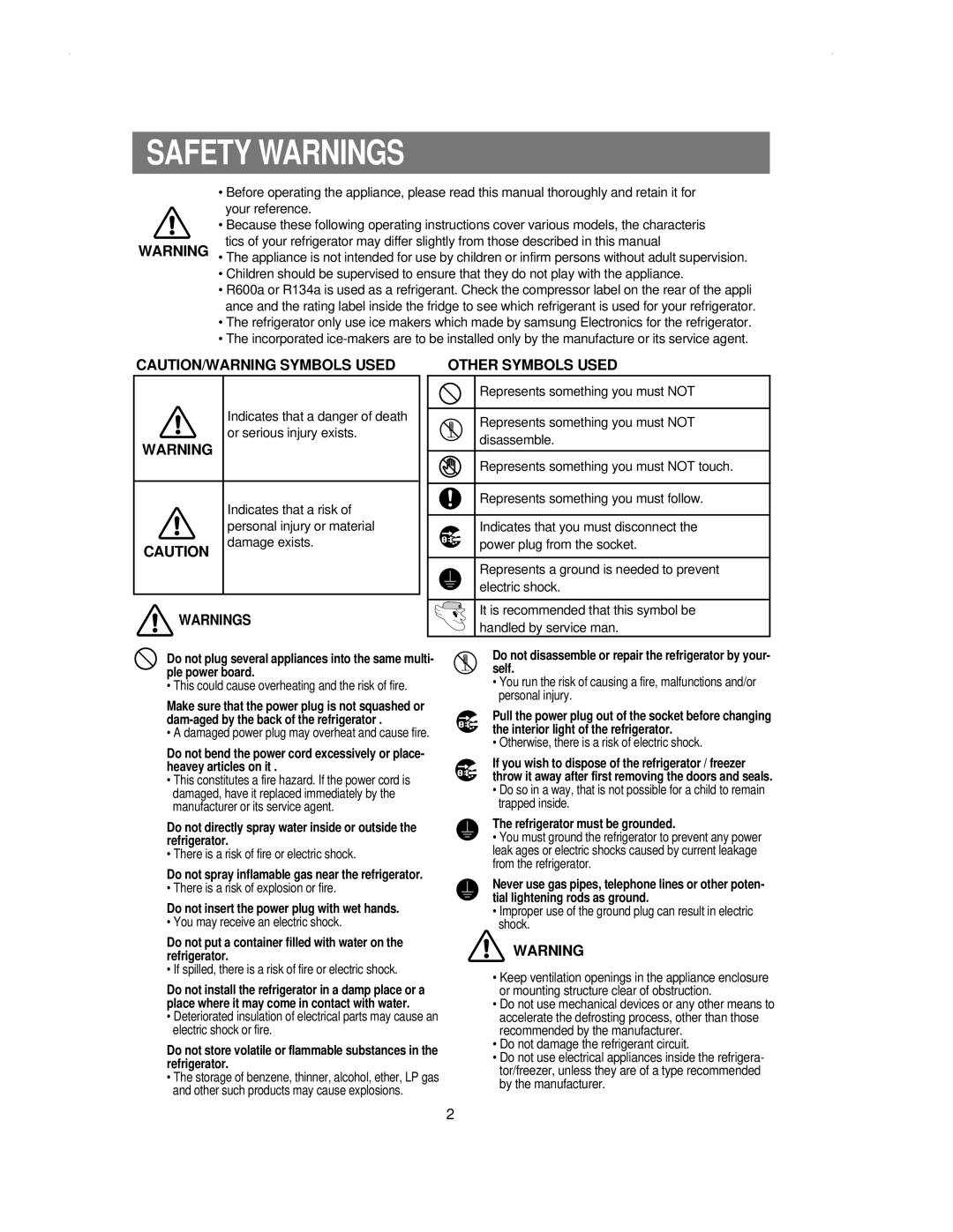 Samsung RS21KLSR1/XEH, RS21NNSM1/XET, RS21KLSR1/LIB manual Safety Warnings, Other Symbols Used 