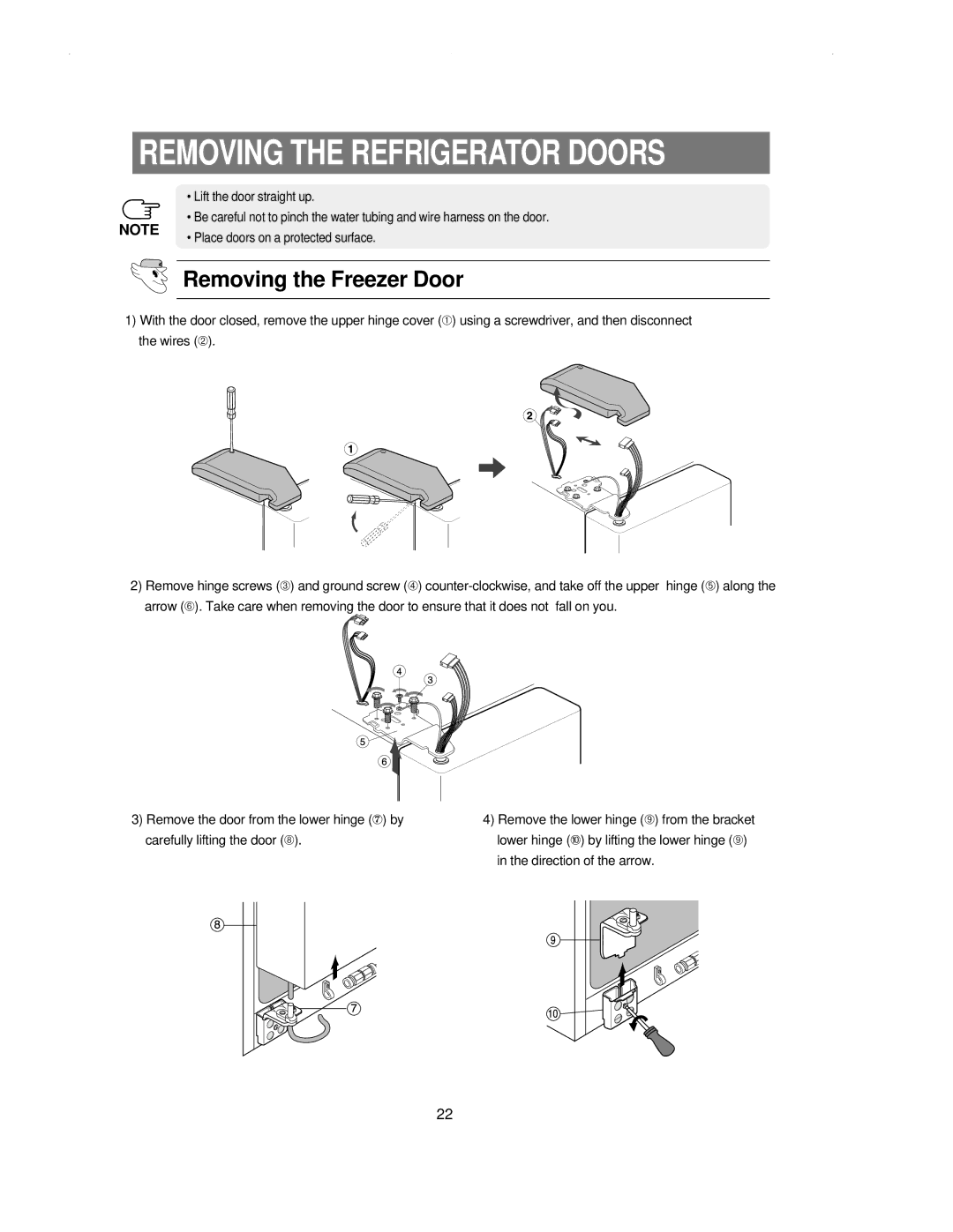 Samsung RS21KLSR1/LIB, RS21NNSM1/XET, RS21KLSR1/XEH manual Removing the Refrigerator Doors, Removing the Freezer Door 