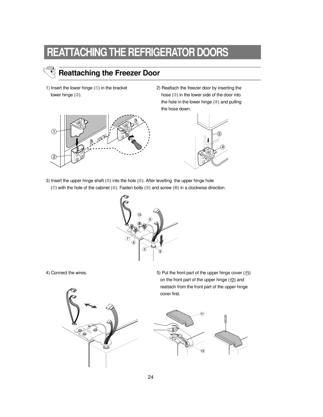 Samsung RS21NNSM1/XET, RS21KLSR1/LIB, RS21KLSR1/XEH manual Reattaching the Refrigerator Doors, Reattaching the Freezer Door 