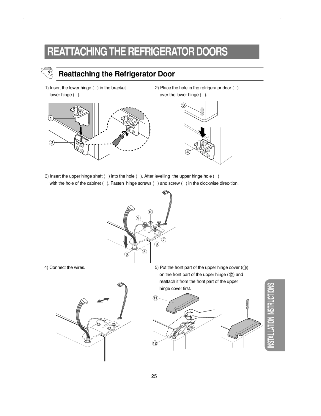 Samsung RS21KLSR1/LIB, RS21NNSM1/XET, RS21KLSR1/XEH manual Reattaching the Refrigerator Door 