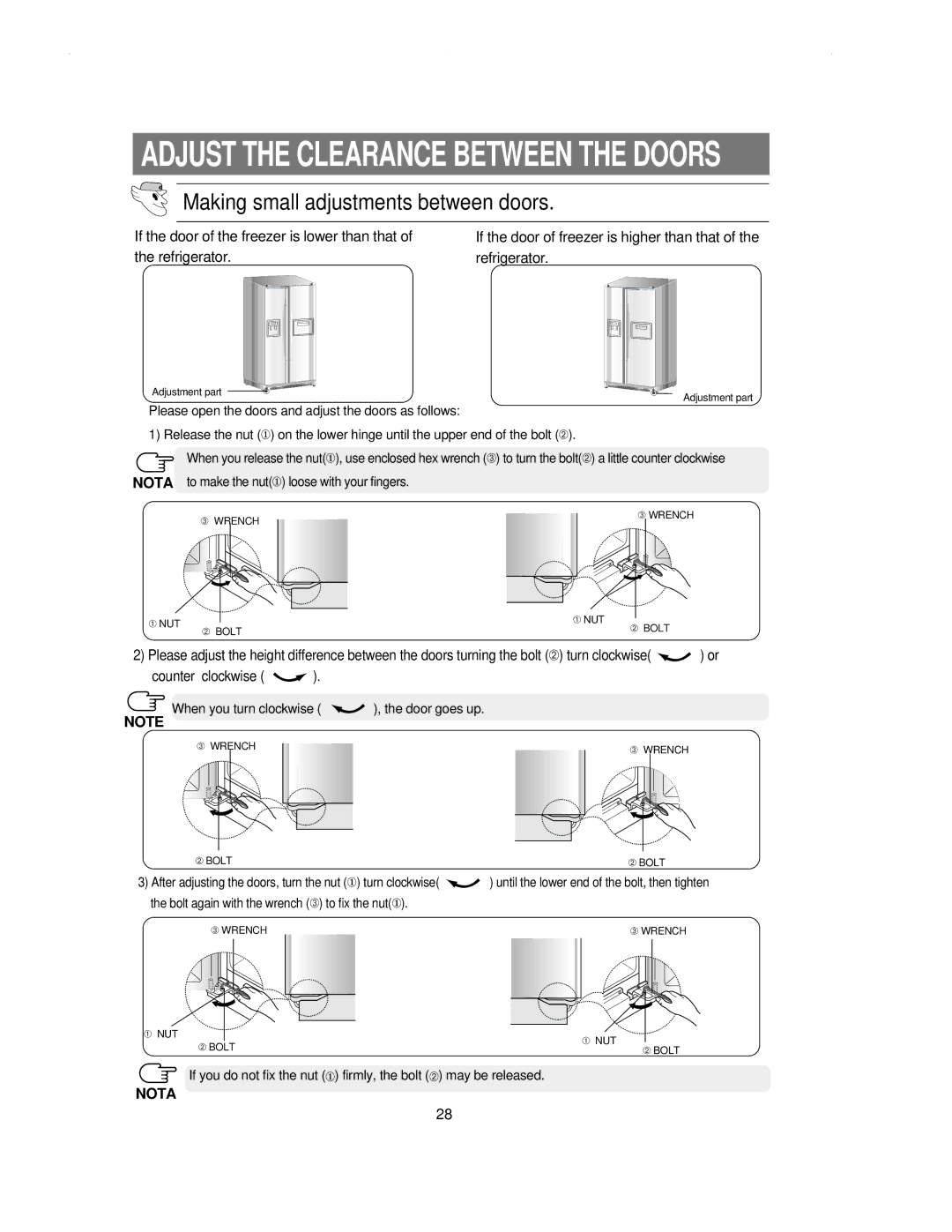 Samsung RS21KLSR1/LIB, RS21NNSM1/XET, RS21KLSR1/XEH manual Adjust the Clearance Between the Doors 