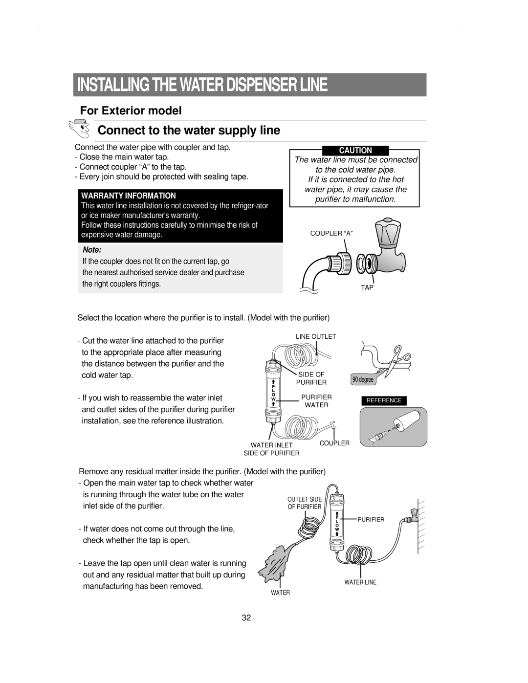 Samsung RS21KLSR1/XEH, RS21NNSM1/XET, RS21KLSR1/LIB manual Connect to the water supply line, Warranty Information 