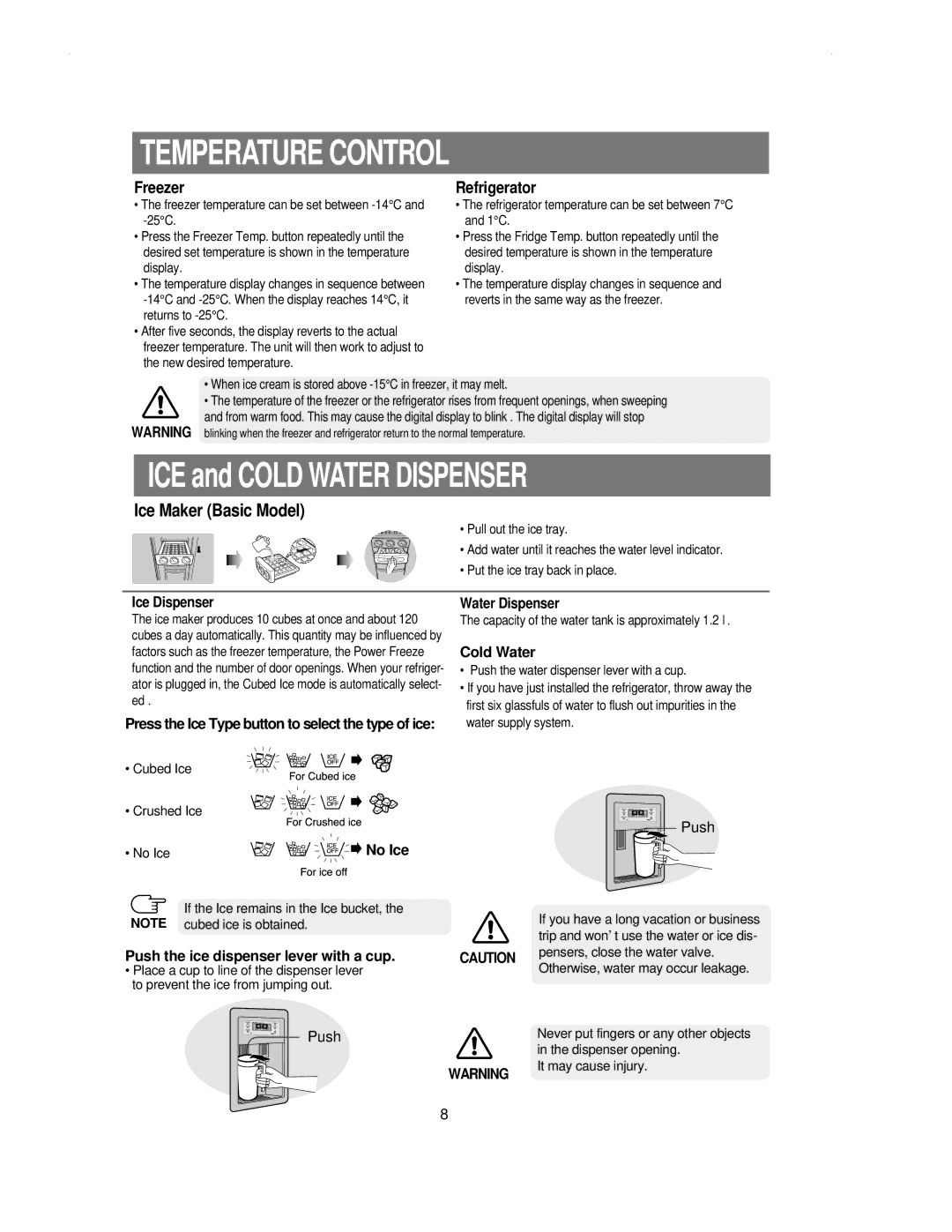 Samsung RS21KLSR1/XEH, RS21NNSM1/XET, RS21KLSR1/LIB manual Temperature Control, Ice Dispenser, Water Dispenser, Cold Water 