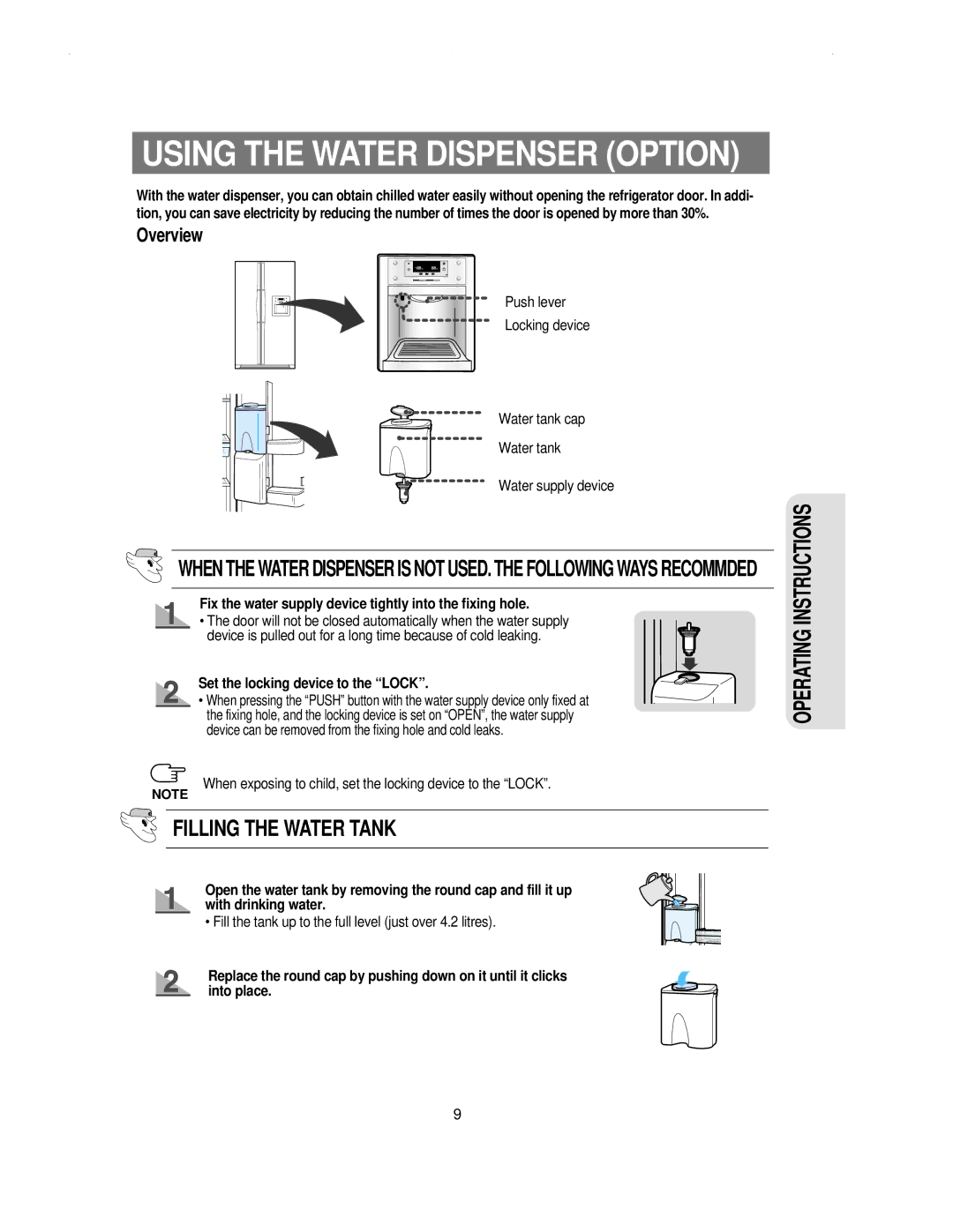 Samsung RS21NNSM1/XET manual Fix the water supply device tightly into the fixing hole, Set the locking device to the Lock 