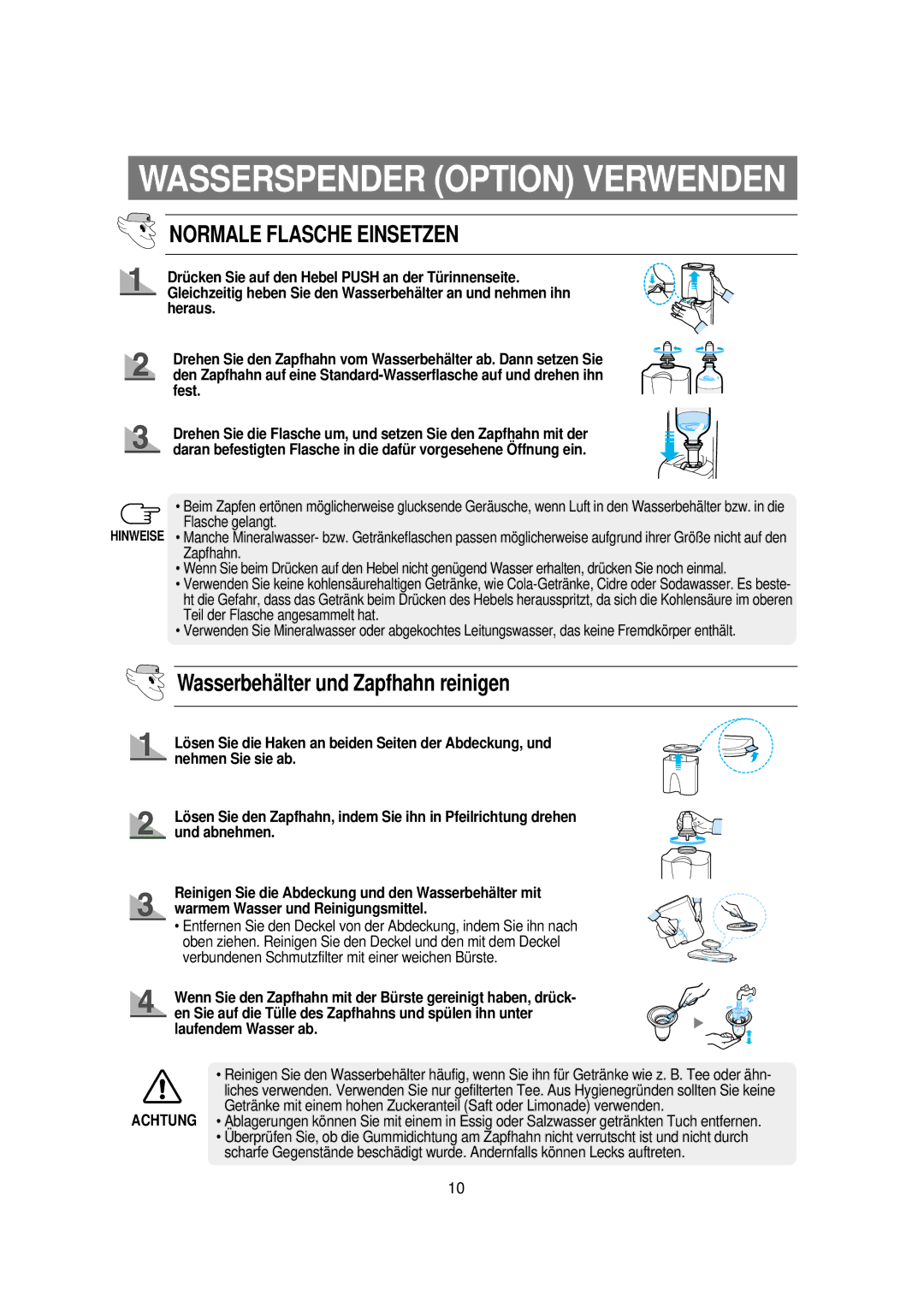 Samsung RS21WANS1/XEG, RS21KPSM1/XEG manual Wasserspender Option Verwenden, Wasserbehälter und Zapfhahn reinigen 