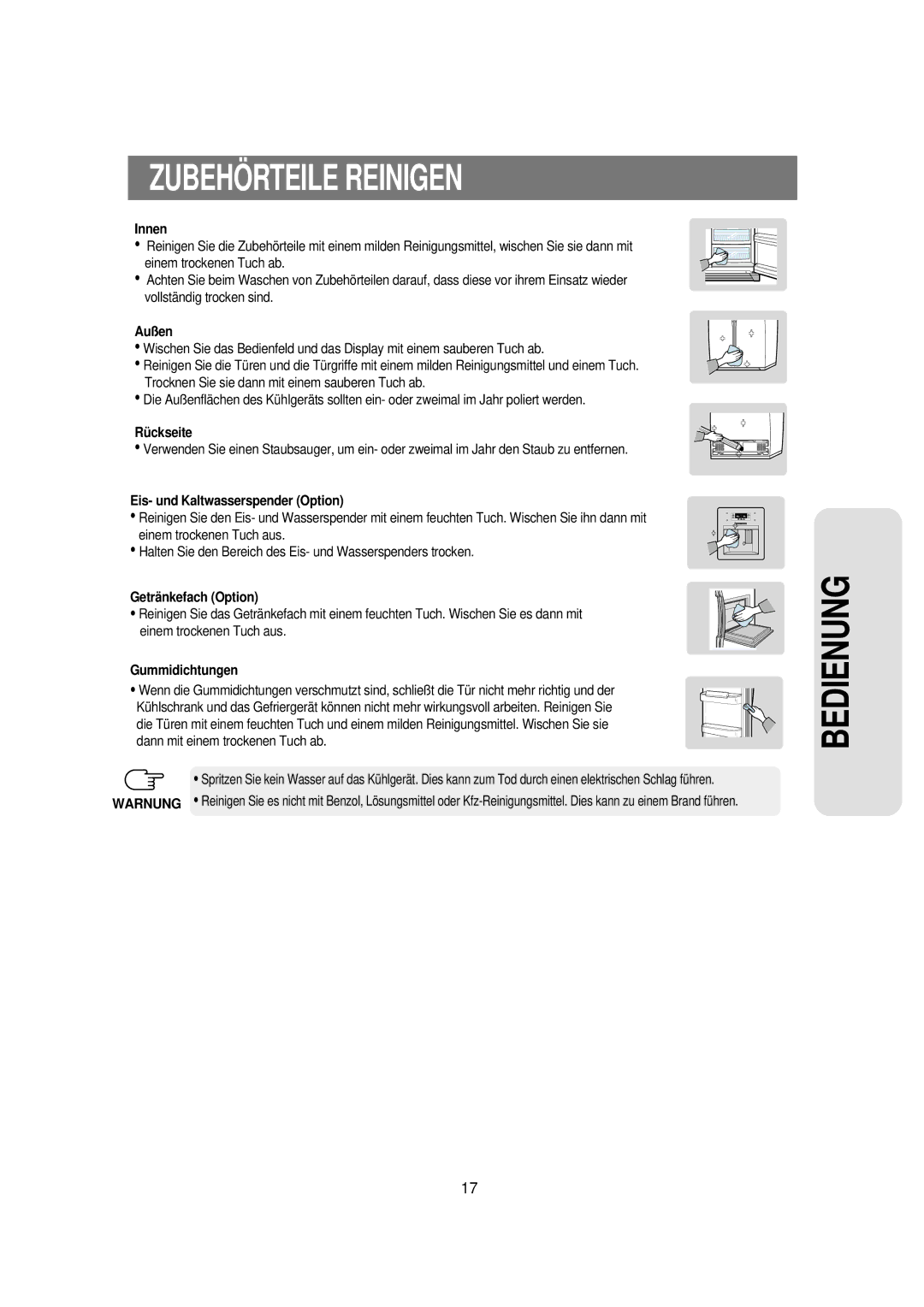 Samsung RS21KPSM1/XEG, RS21WANS1/XEG manual Zubehö Rteile Reinigen, Innen, Außen, Rü ckseite, Gummidichtungen 