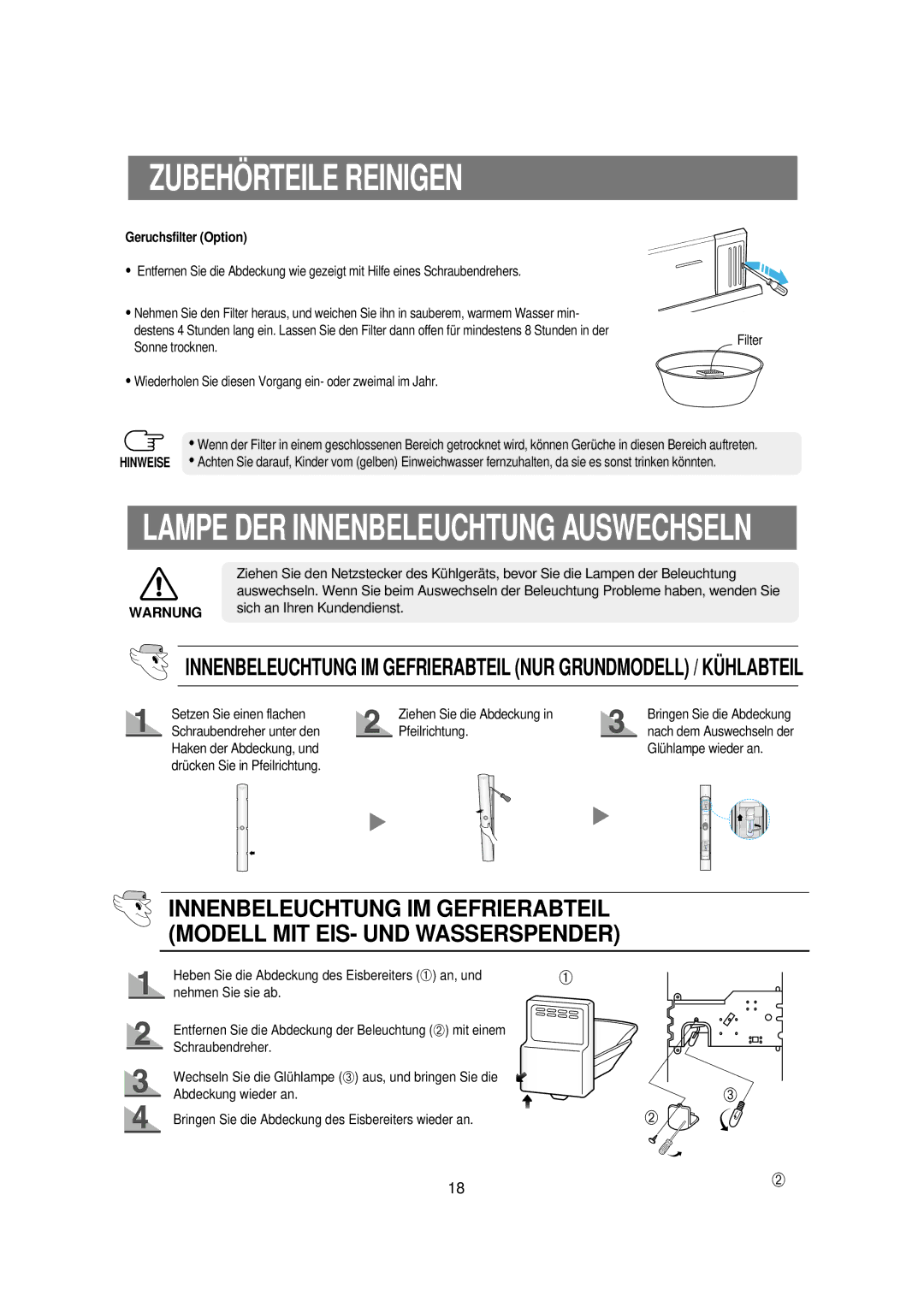 Samsung RS21WANS1/XEG, RS21KPSM1/XEG manual Lampe DER Innenbeleuchtung Auswechseln, Geruchsfilter Option 