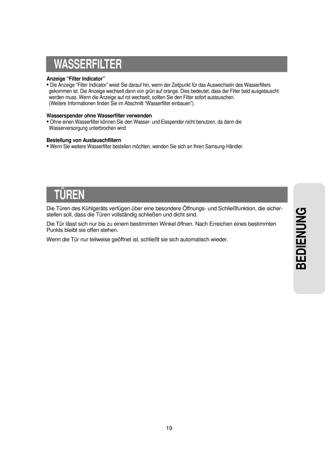 Samsung RS21KPSM1/XEG, RS21WANS1/XEG manual Wasserfilter, Tü Ren 