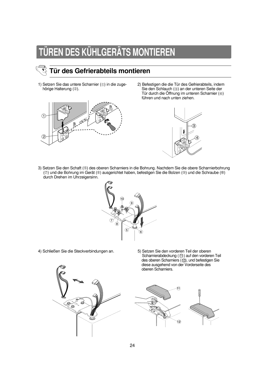 Samsung RS21WANS1/XEG, RS21KPSM1/XEG manual TÜ REN DES KÜ Hlgerä TS Montieren, Tü r des Gefrierabteils montieren 