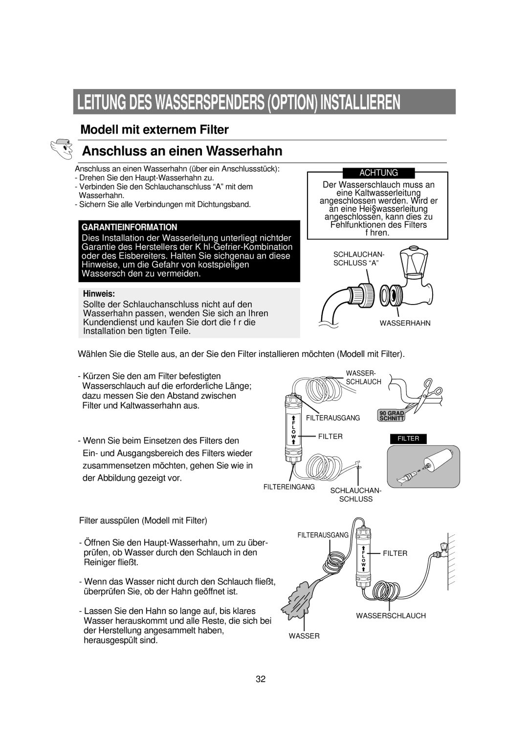 Samsung RS21WANS1/XEG, RS21KPSM1/XEG manual Modell mit externem Filter 