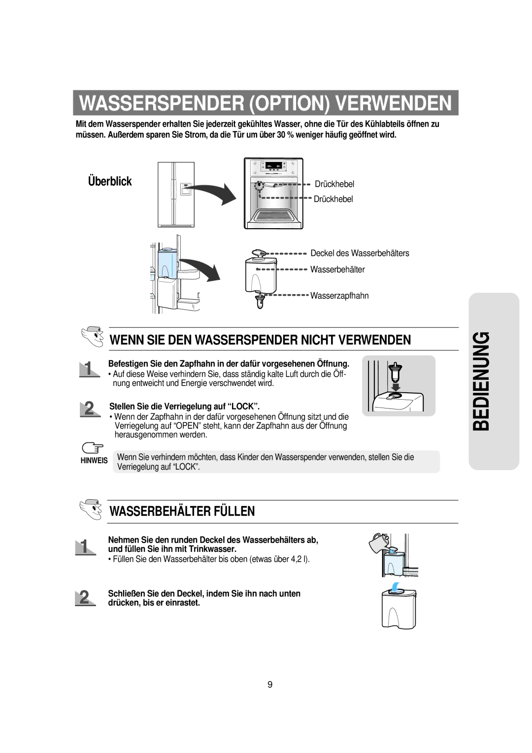 Samsung RS21KPSM1/XEG, RS21WANS1/XEG manual Wasserspender Option Verwenden 