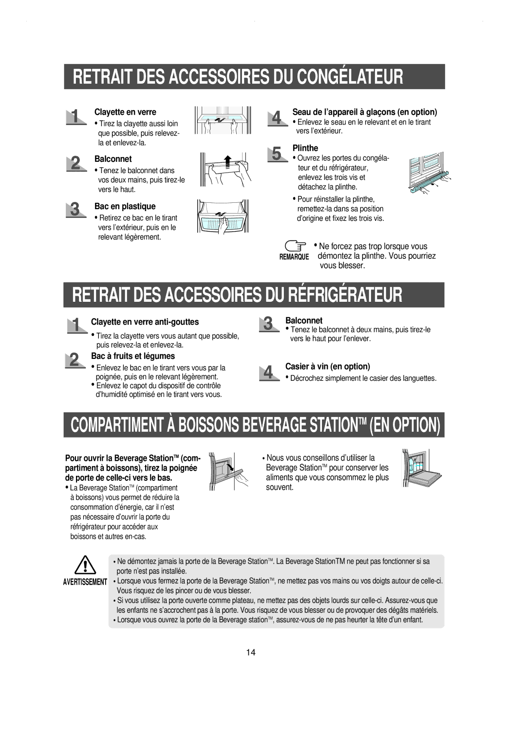 Samsung RS21KCNS1/XEF, RS21WCSW1/XEF Clayette en verre, Bac en plastique, Seau de l’appareil à glaçons en option, Plinthe 