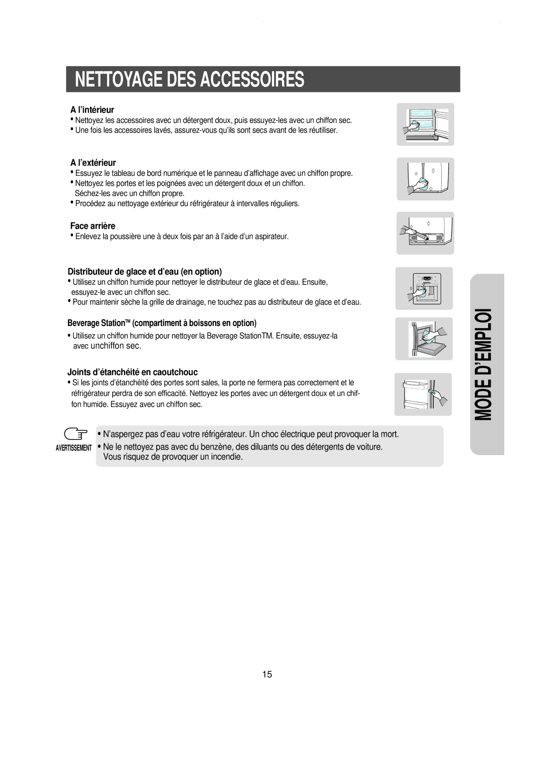 Samsung RS21JLAT1/XEF, RS21WCSW1/XEF, RS21DCSW1/XEF, RS21DCSW1/CAH, RS21DCSW1/CAF, RS21DGNS1/XEF Nettoyage DES Accessoires 