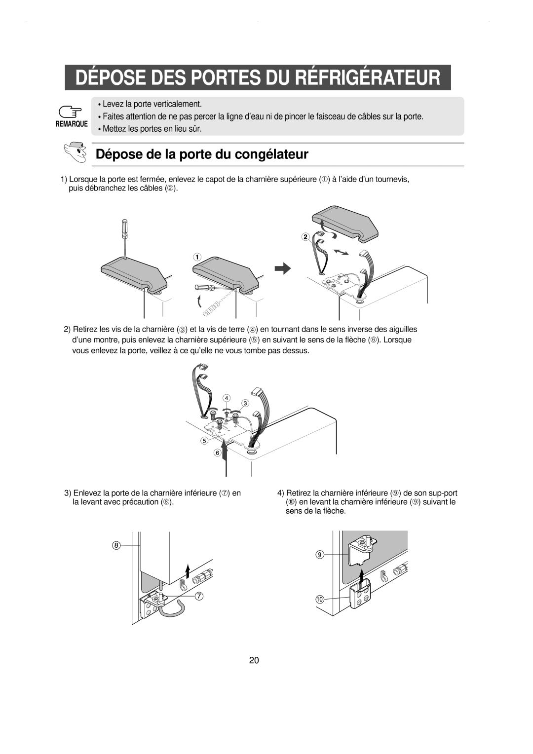 Samsung RS21KPSV1/XEU, RS21WCSW1/XEF, RS21DCSW1/XEF, RS21DCSW1/CAH, RS21DCSW1/CAF manual Dé pose de la porte du congé lateur 