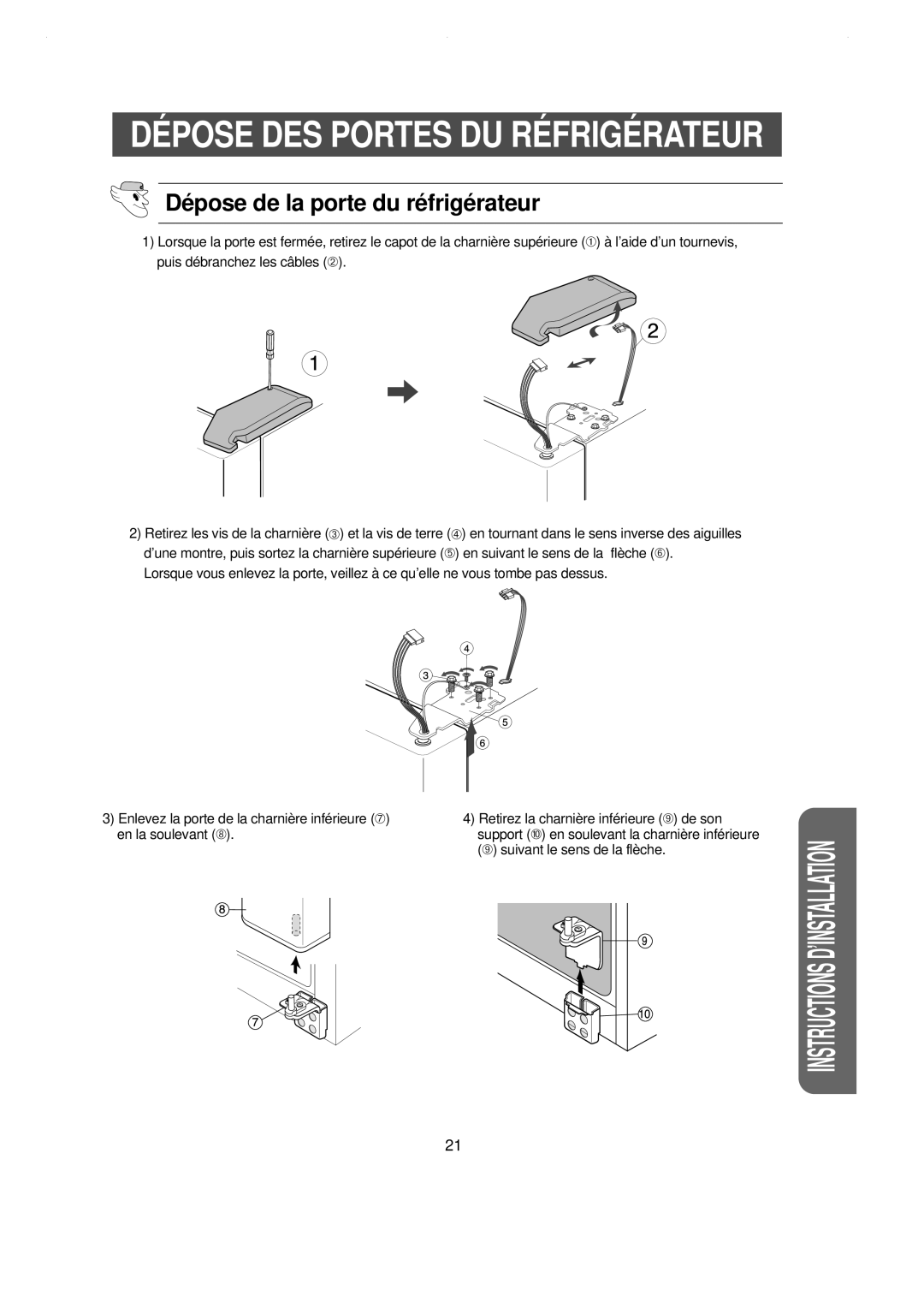 Samsung RS21FAMS1/CAH, RS21WCSW1/XEF, RS21DCSW1/XEF, RS21DCSW1/CAH, RS21DCSW1/CAF manual Dé pose de la porte du ré frigé rateur 