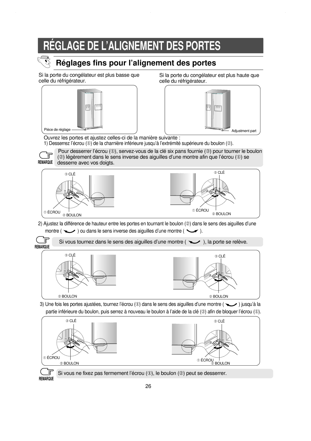 Samsung RS21DCSW1/CAH, RS21WCSW1/XEF, RS21DCSW1/XEF, RS21DCSW1/CAF, RS21DGNS1/XEF Ré glages fins pour l’alignement des portes 