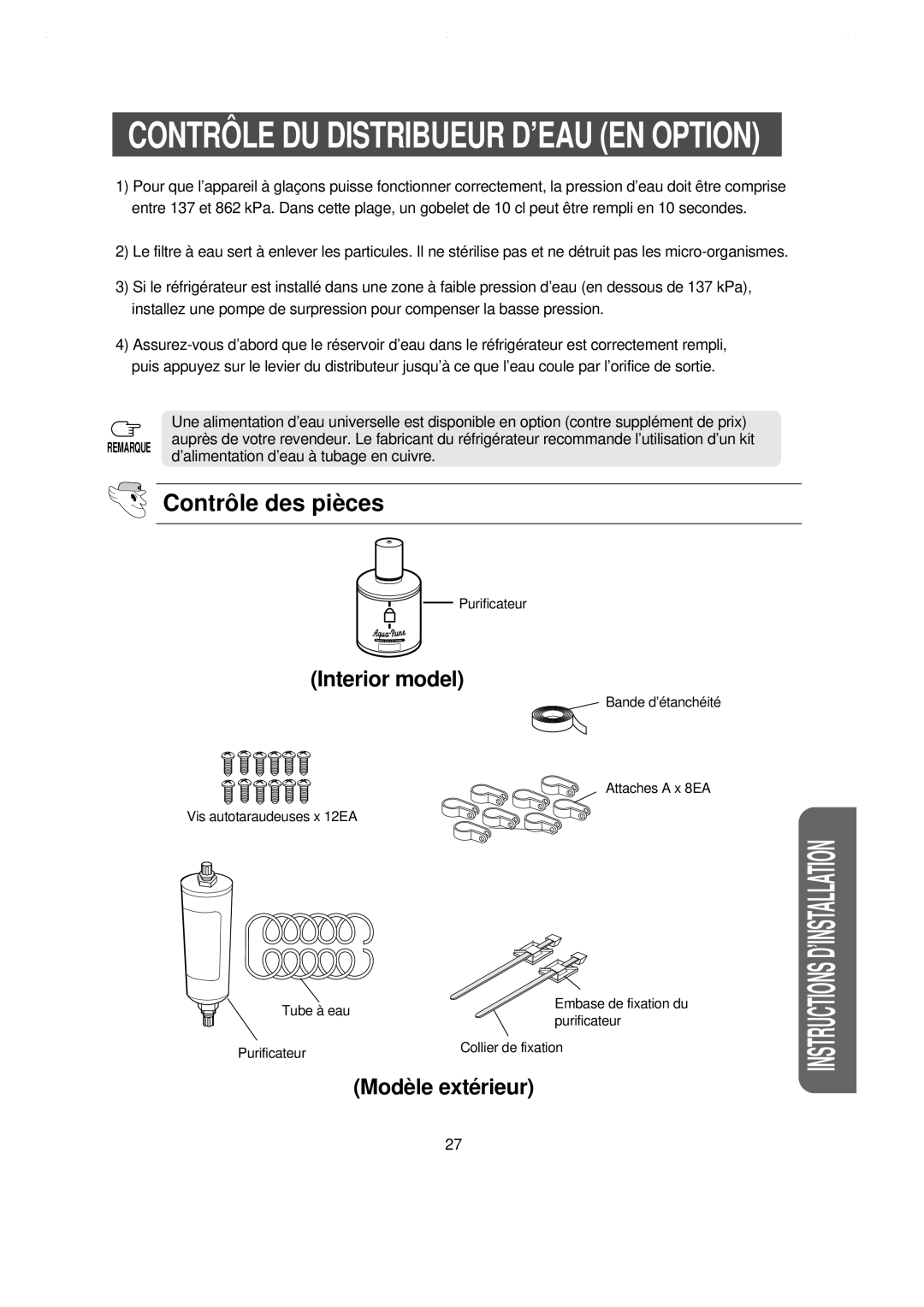 Samsung RS21DCSW1/CAF, RS21WCSW1/XEF, RS21DCSW1/XEF manual Contrô LE DU Distribueur D’EAU EN Option, Contrô le des piè ces 