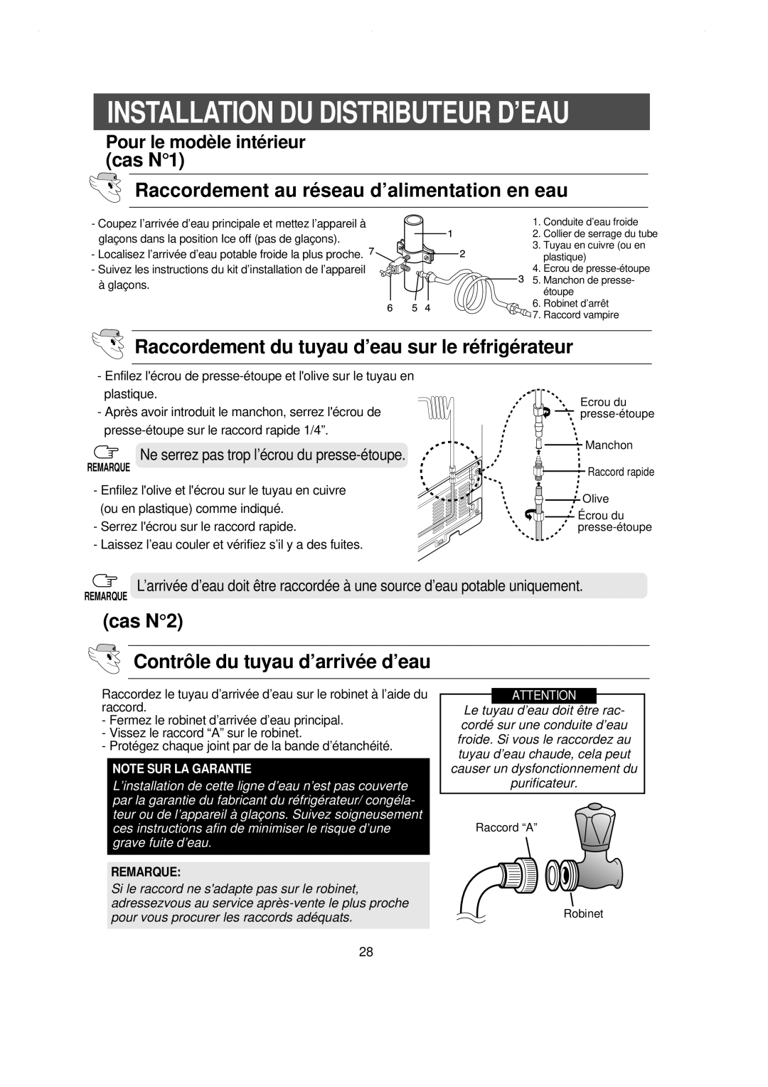 Samsung RS21DGNS1/XEF manual Installation DU Distributeur D’EAU, Cas N1 Raccordement au ré seau d’alimentation en eau 