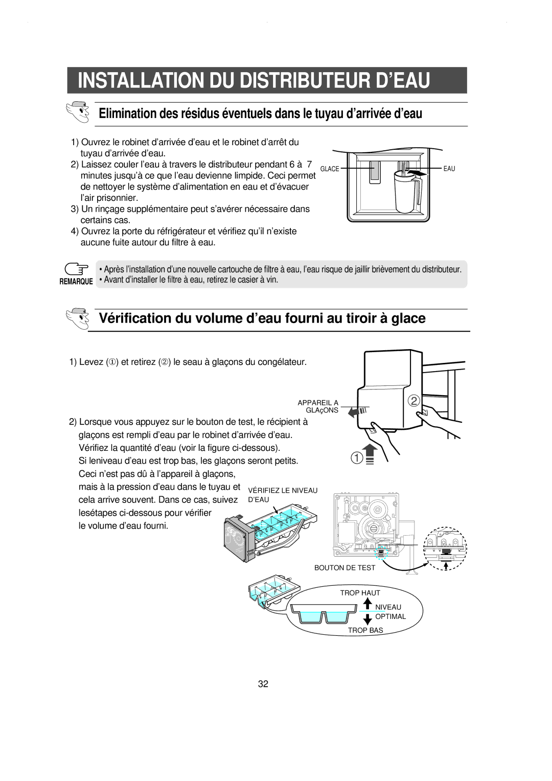 Samsung RS21FCMS2/CAF, RS21WCSW1/XEF, RS21DCSW1/XEF, RS21DCSW1/CAH Vé rification du volume d’eau fourni au tiroir à glace 