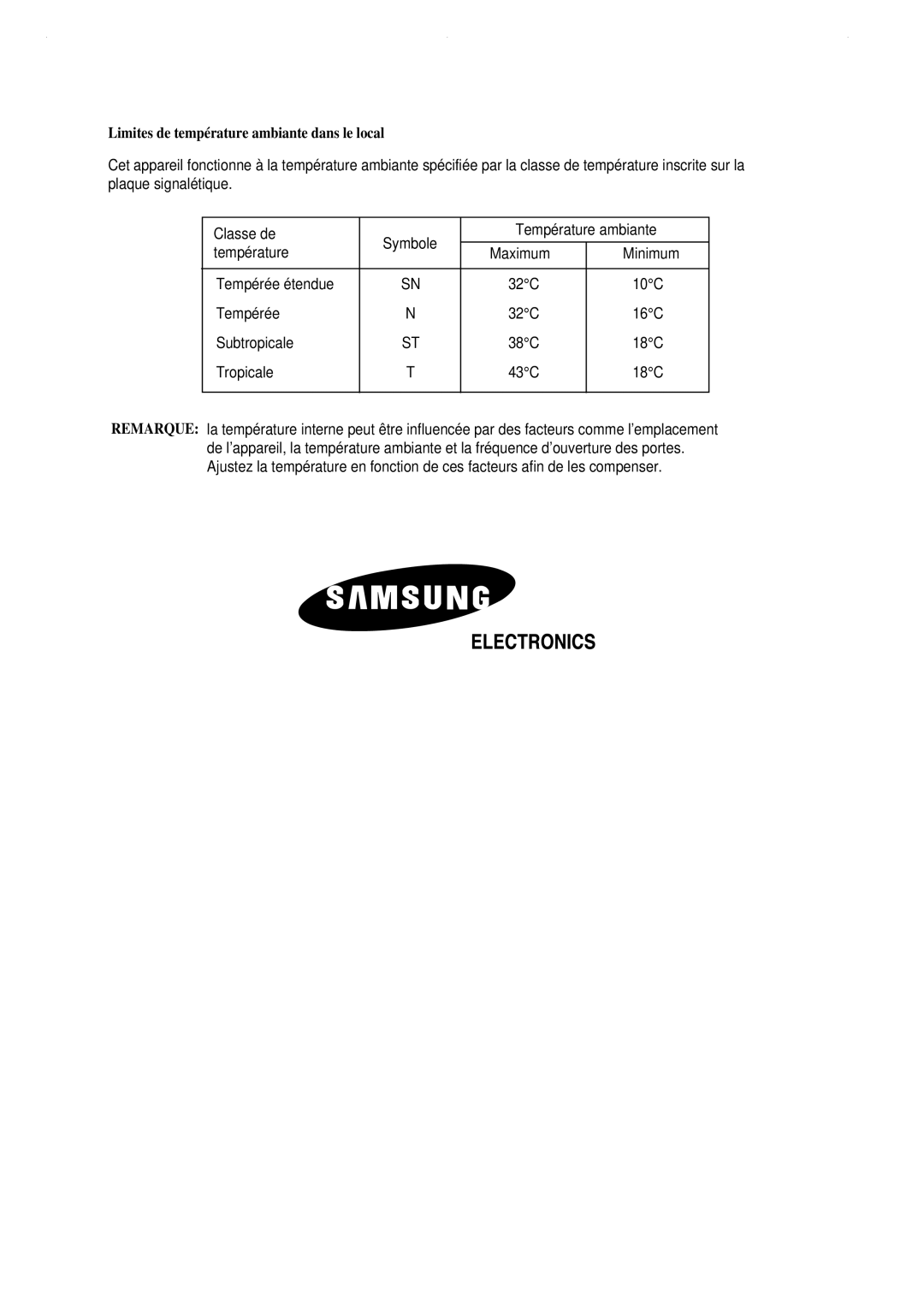 Samsung RS21JLMR1/XEF, RS21WCSW1/XEF, RS21DCSW1/XEF, RS21DCSW1/CAH manual Limites de température ambiante dans le local 