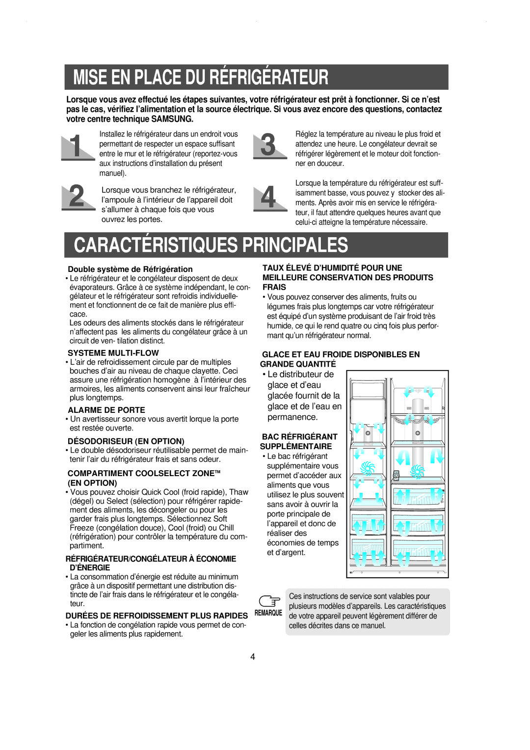 Samsung RS21DGNS1/XEF manual Mise EN Place DU Réfrigérateur, Caractéristiques Principales, Double système de Réfrigération 