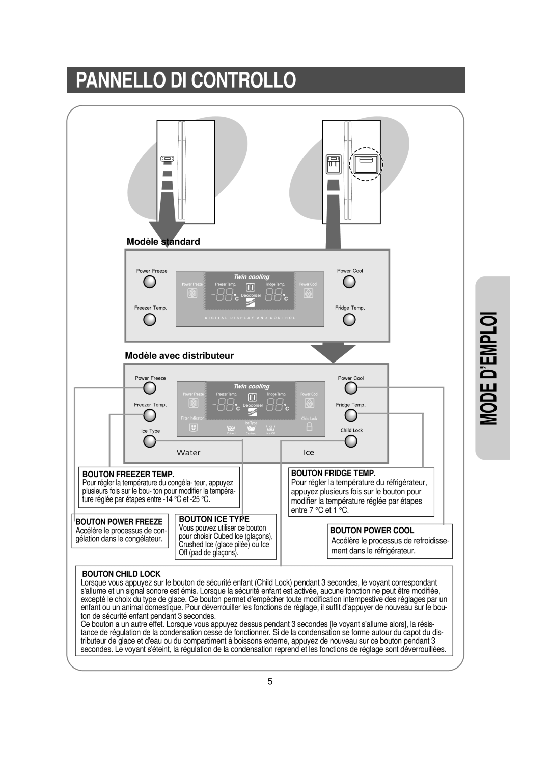 Samsung RS21JLAL1/XEF, RS21WCSW1/XEF, RS21DCSW1/XEF manual Pannello DI Controllo, Modèle standard Modèle avec distributeur 