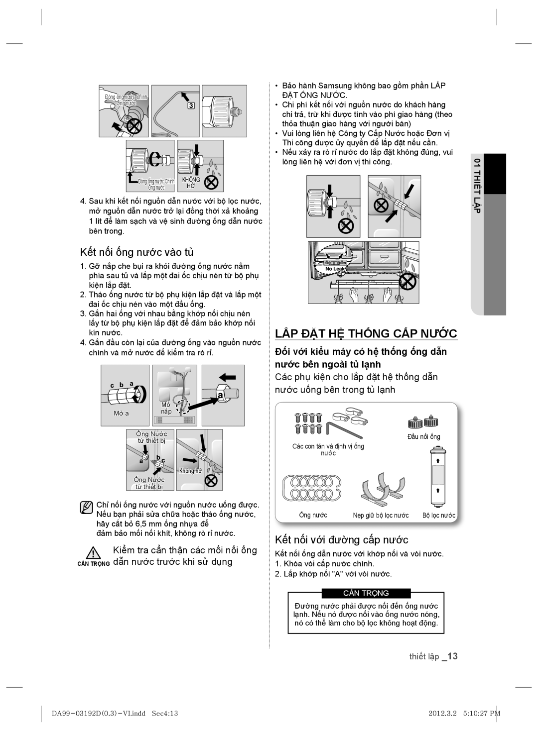 Samsung RS22HKNBP1/XSV manual LẮP ĐẶT HỆ Thống CẤP Nước, Kết nối ống nước vào tủ, Đảm bảo mối nối khít, không rò rỉ nước 