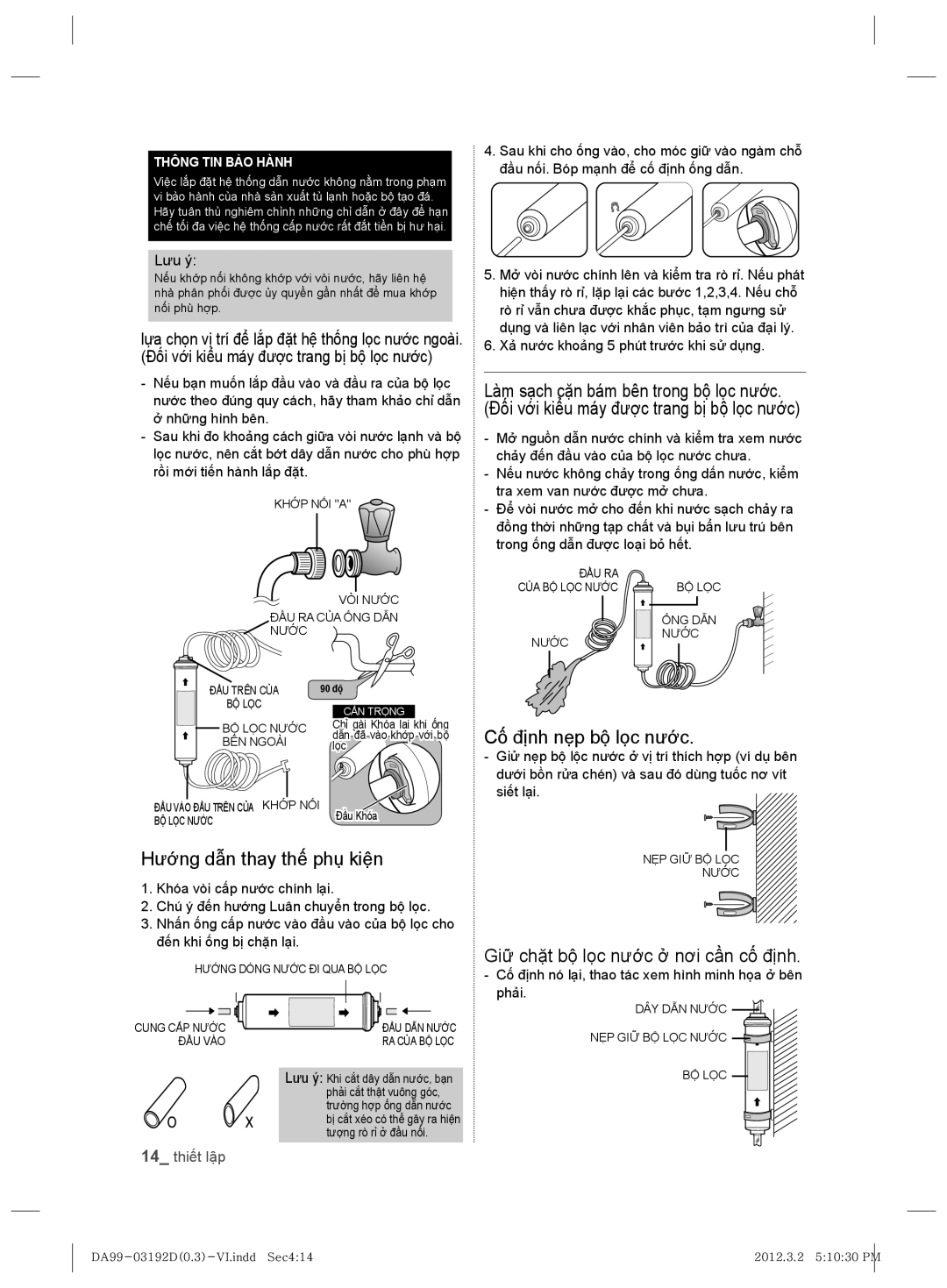 Samsung RS22HKNBP1/XSV manual Hướng dẫn thay thế phụ kiện, Cố định nẹp bộ lọc nước, Giữ chặt bộ lọc nước ở nơi cần cố định 