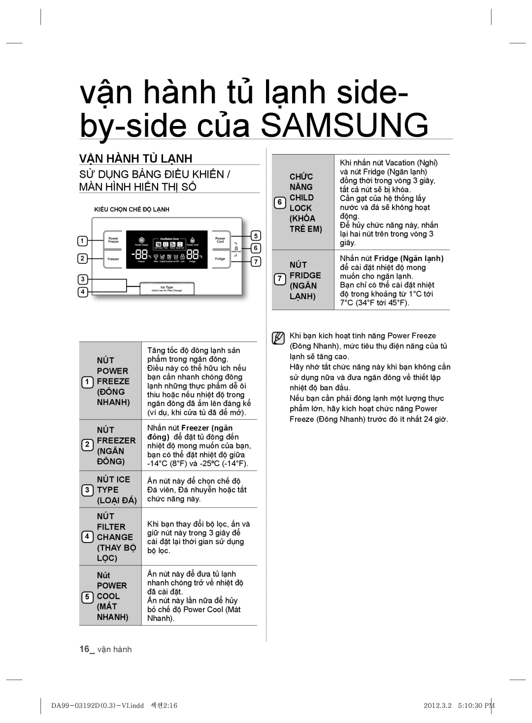 Samsung RS22HKNBP1/XSV manual Vận hành tủ lạnh side- by-side của Samsung, VẬN Hành TỦ Lạnh 