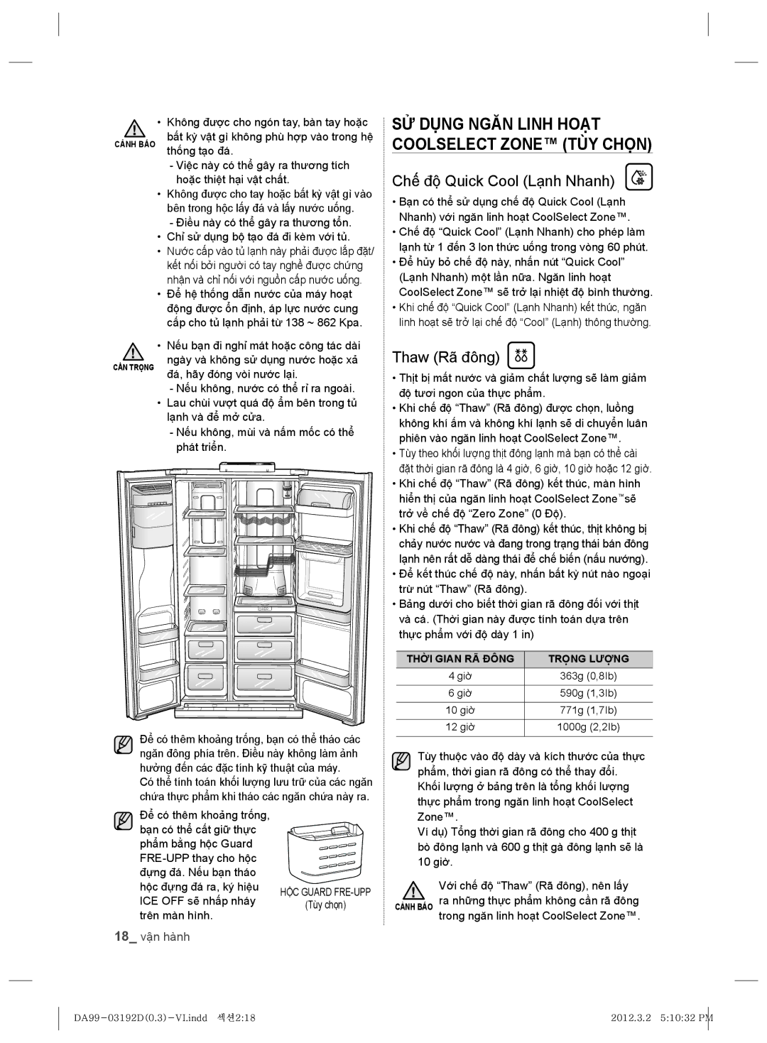 Samsung RS22HKNBP1/XSV manual Chế độ Quick Cool Lạnh Nhanh, Thaw Rã đông, 18 vận hành 