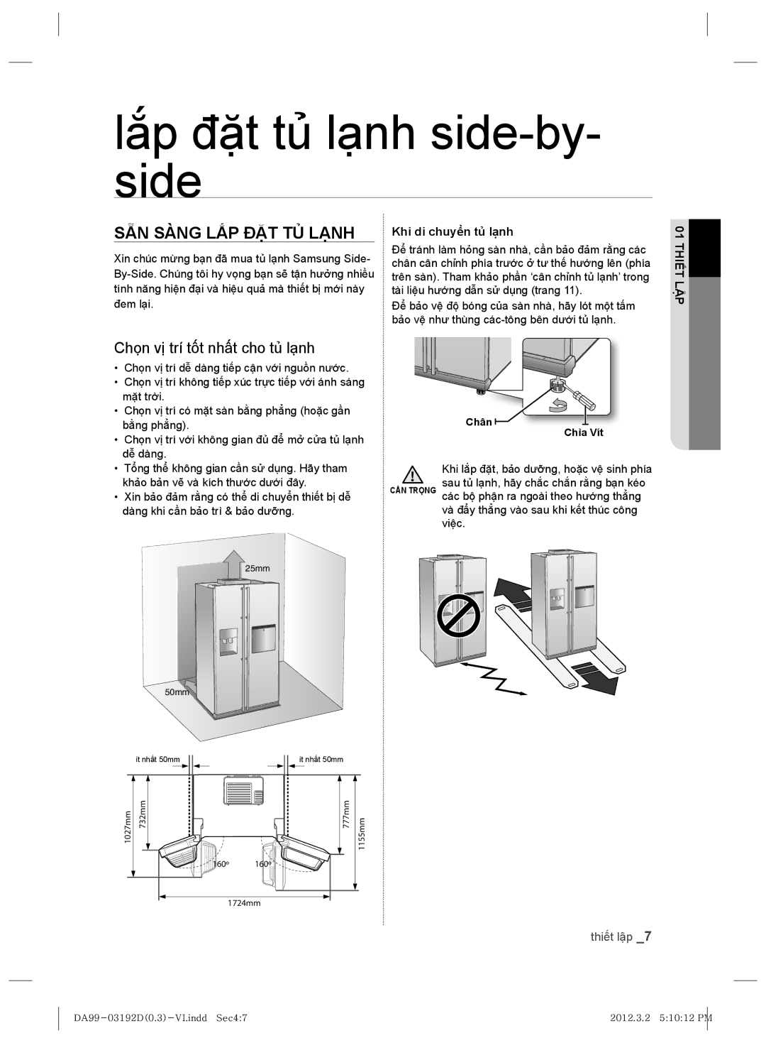 Samsung RS22HKNBP1/XSV manual Lắp đặt tủ lạnh side-by- side, SẴN Sàng LẮP ĐẶT TỦ Lạnh, Chọn vị trí tốt nhất cho tủ lạnh 