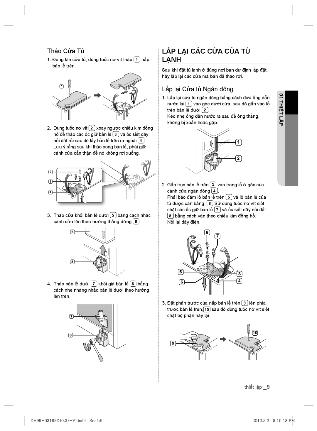 Samsung RS22HKNBP1/XSV manual LẮP LẠI CÁC CỬA CỦA TỦ Lạnh, Tháo Cửa Tủ, Lắp lại Cửa tủ Ngăn đông, Nối lại dây điện 