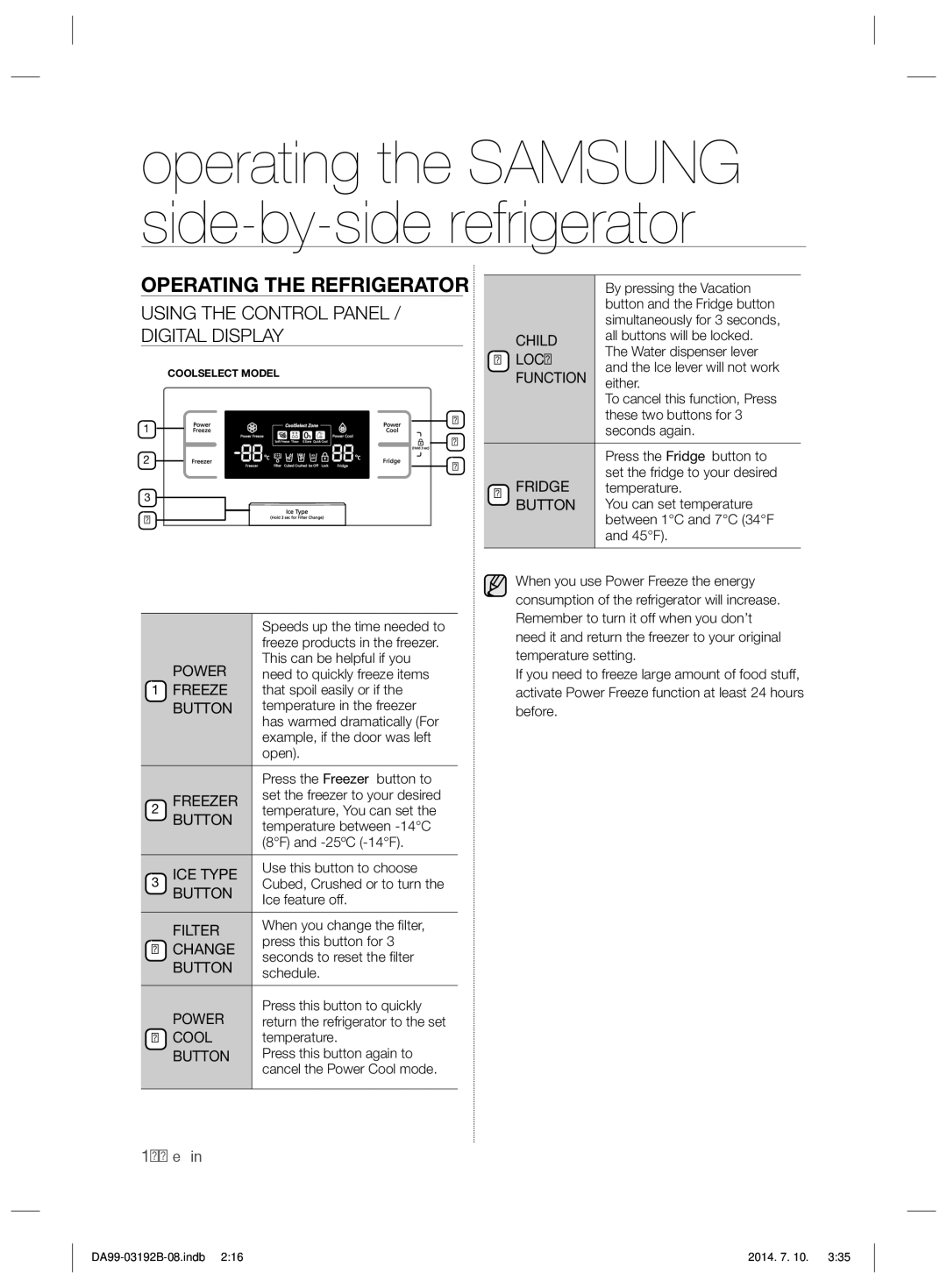 Samsung RS22HKNTS1/ATC, RS22HKNRS1/XMA, RS22HZNRS1/ZA Operating the Refrigerator, Using the Control Panel / Digital Display 