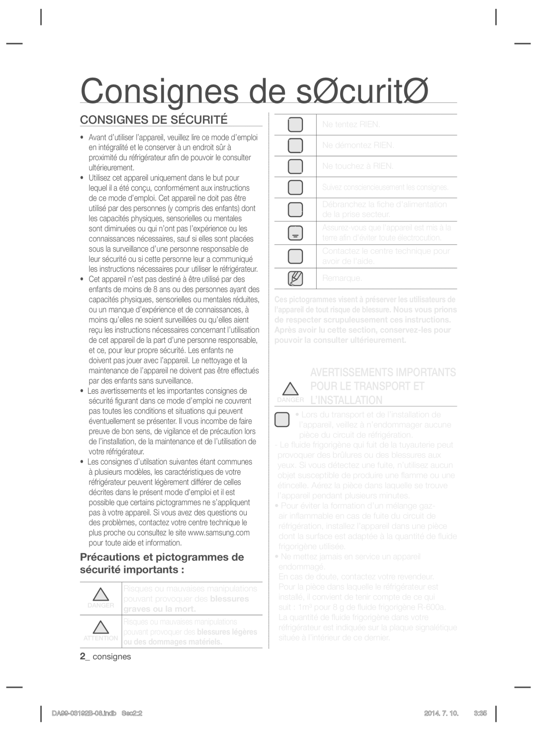 Samsung RS22HZNRS1/ZA Consignes de sécurité, Consignes DE Sécurité, Précautions et pictogrammes de sécurité importants 