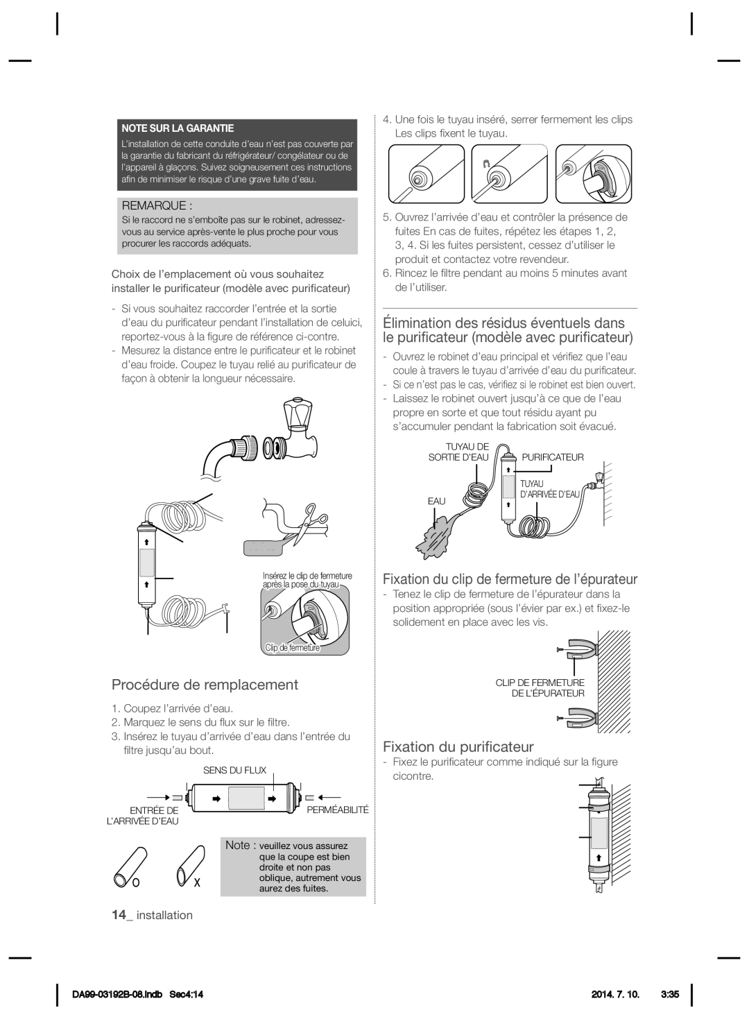 Samsung RS22HKNEW1/XSG Procédure de remplacement, Fixation du clip de fermeture de l’épurateur, Fixation du puriﬁcateur 