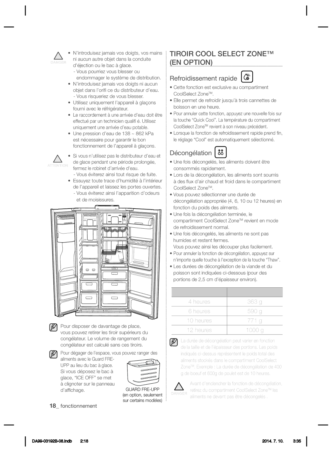 Samsung RS22HKNTS1/JUM, RS22HKNRS1/XMA manual Tiroir Cool Select Zone EN Option, Refroidissement rapide, Décongélation 