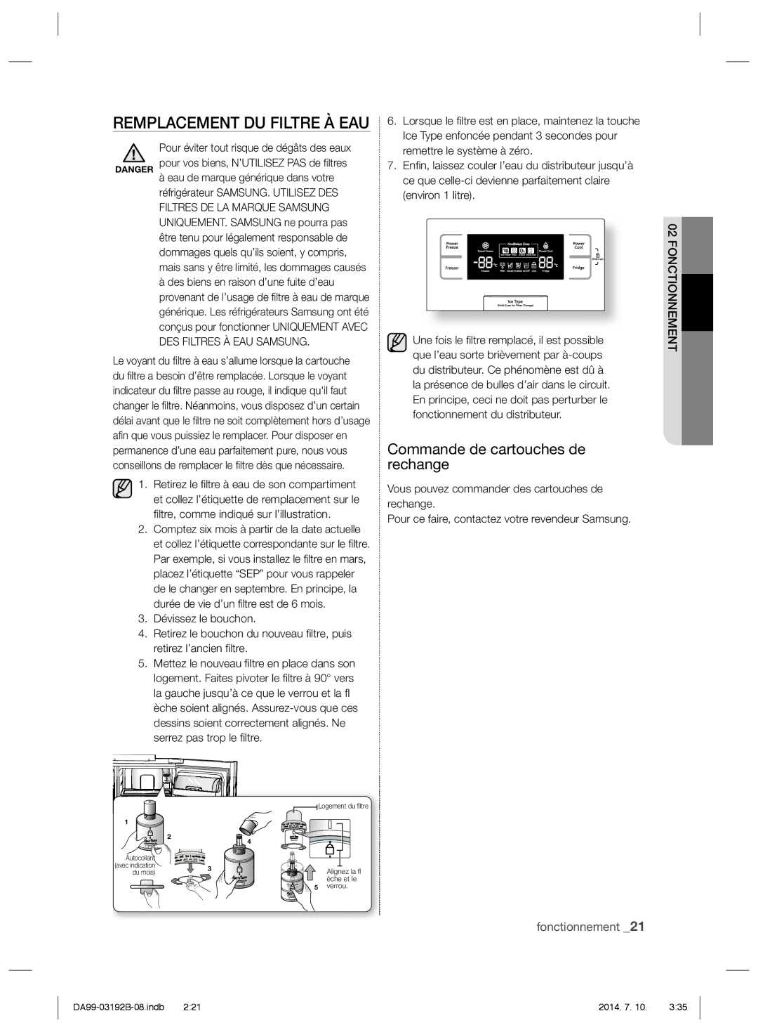 Samsung RS22HKNRS1/XMA manual Remplacement DU Filtre À EAU, Commande de cartouches de rechange, Remettre le système à zéro 