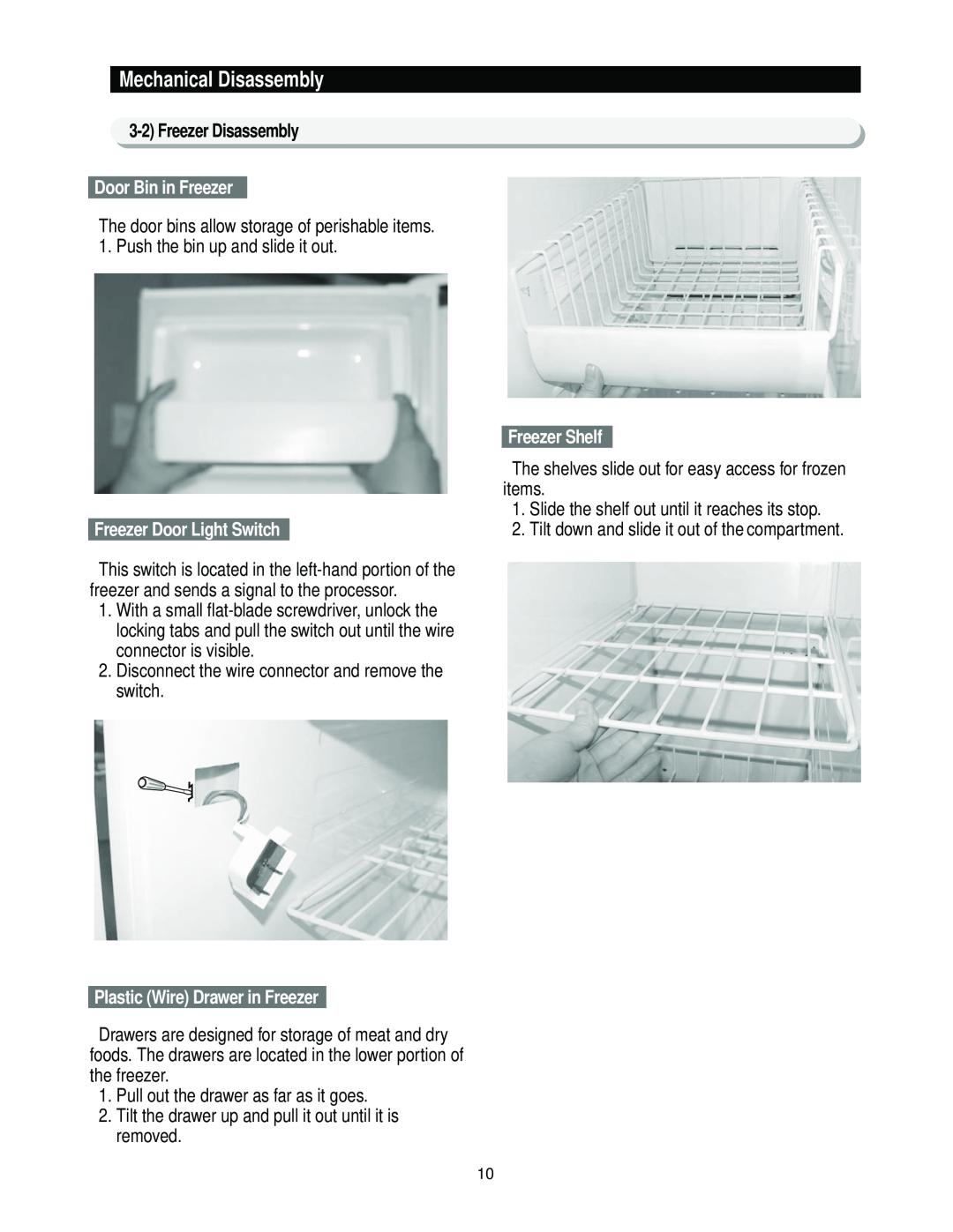 Samsung RS2*3* manual Door Bin in Freezer, Freezer Door Light Switch, Plastic Wire Drawer in Freezer, Freezer Shelf 