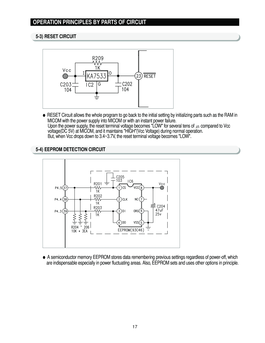 Samsung RS2*3* manual Operation Principles By Parts Of Circuit, 5-3RESET CIRCUIT, 5-4EEPROM DETECTION CIRCUIT 
