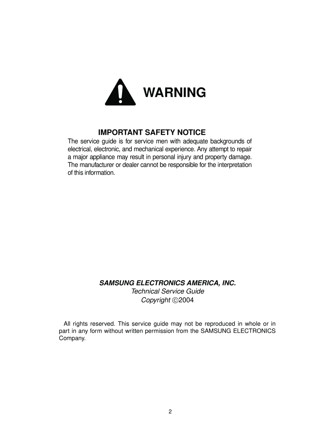 Samsung RS2*3* manual Important Safety Notice, Samsung Electronics America, Inc, Technical Service Guide Copyright 