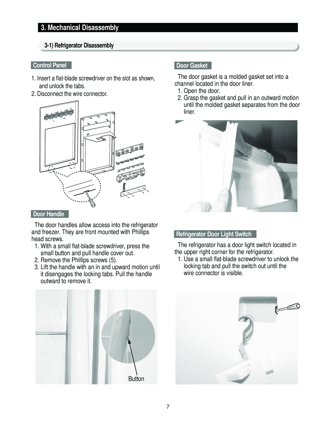 Samsung RS2*3* manual Control Panel, Door Handle, Door Gasket, Refrigerator Door Light Switch, Mechanical Disassembly 